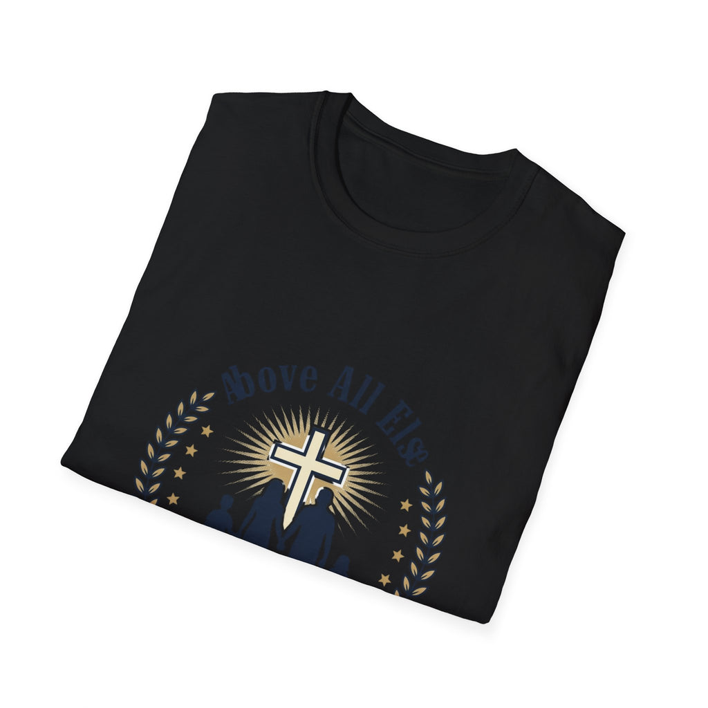 God and Family T-Shirt — Above All Else Cross & Family Silhouette Christian Tee