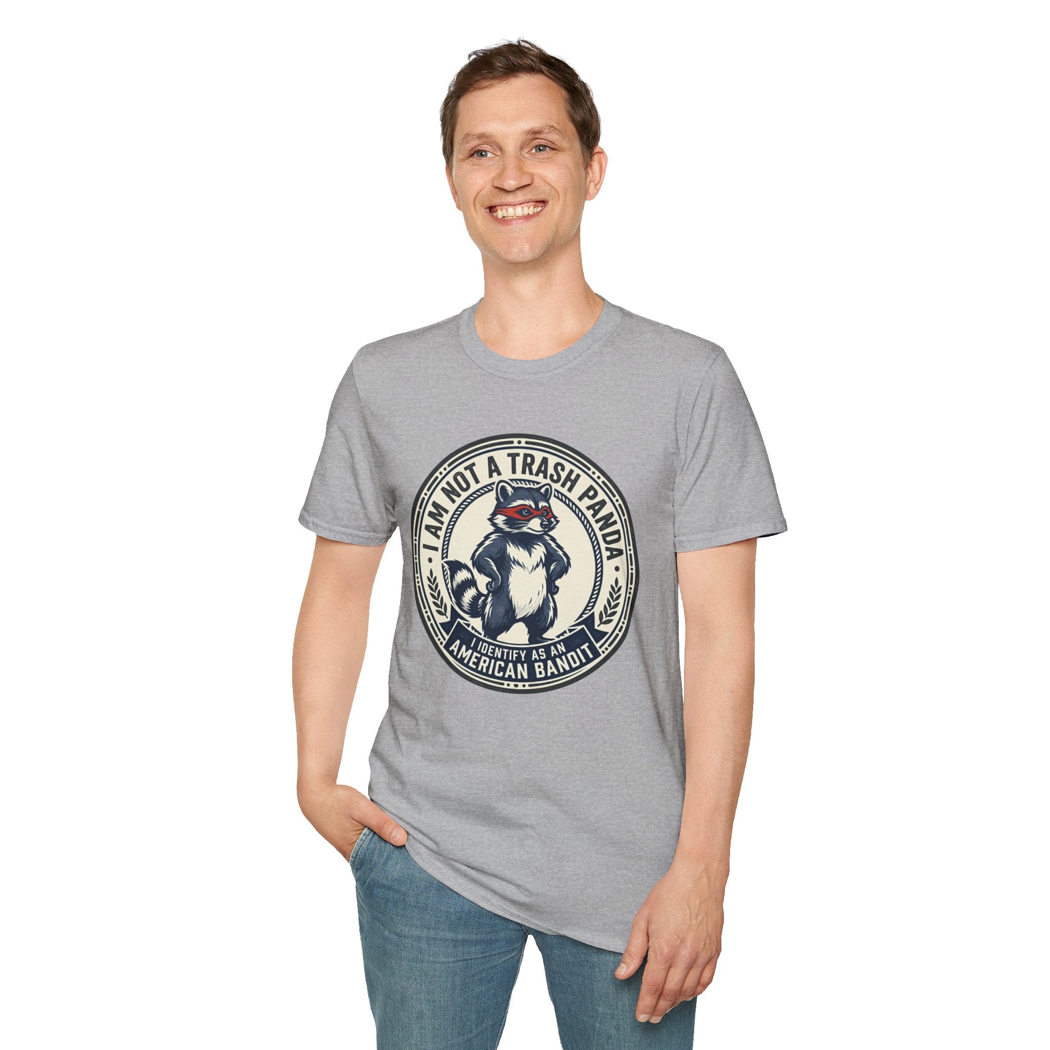 Raccoon Retro Badge T-Shirt — "I Am Not a Trash Panda, I Identify as an American Bandit"