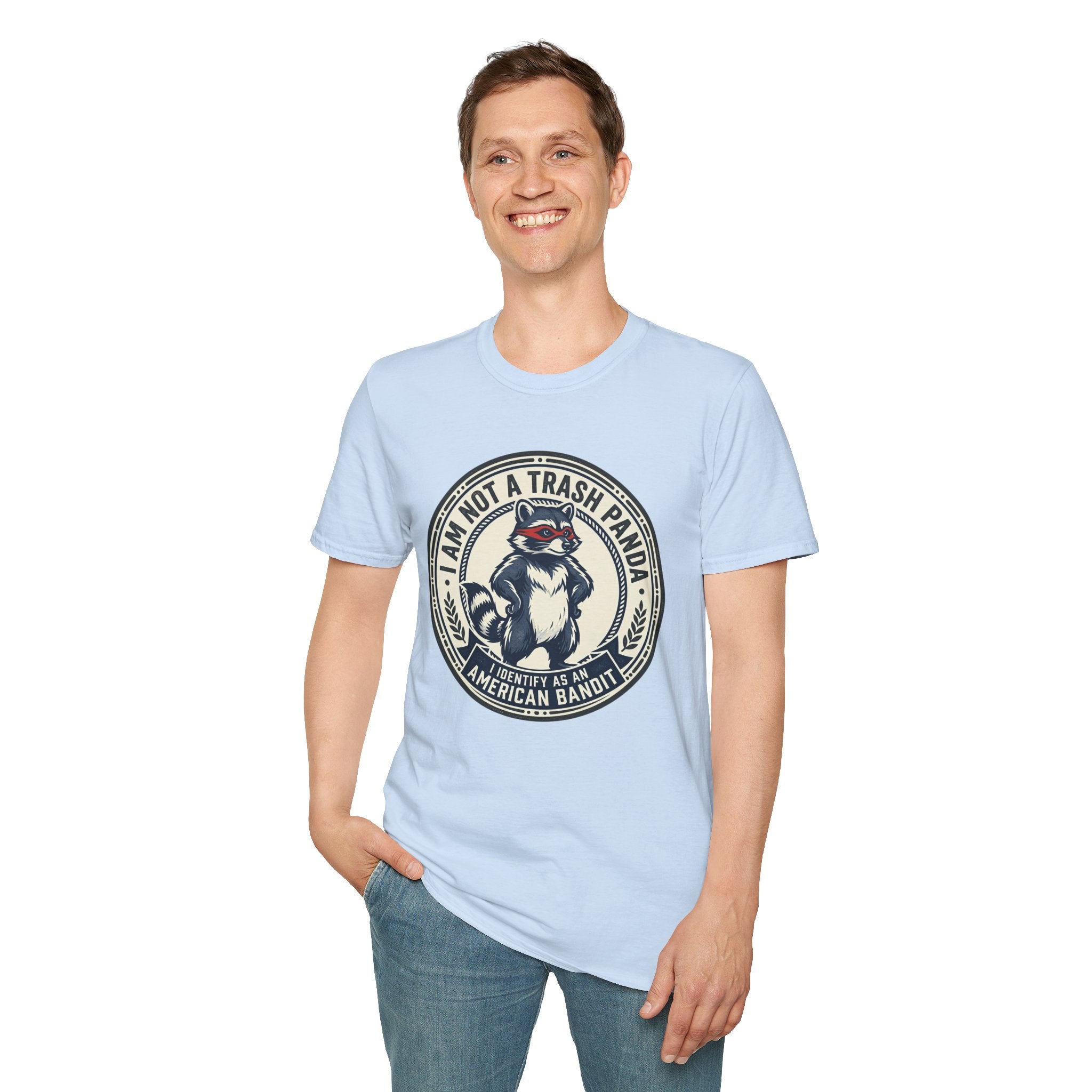 Raccoon Retro Badge T-Shirt — "I Am Not a Trash Panda, I Identify as an American Bandit"