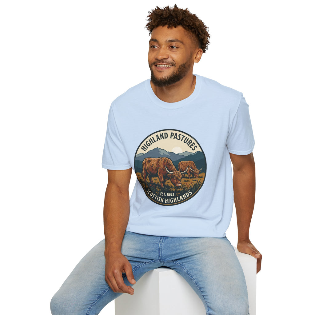Highland Pastures T-Shirt — Scottish Highlands Highland Cow Vintage Badge