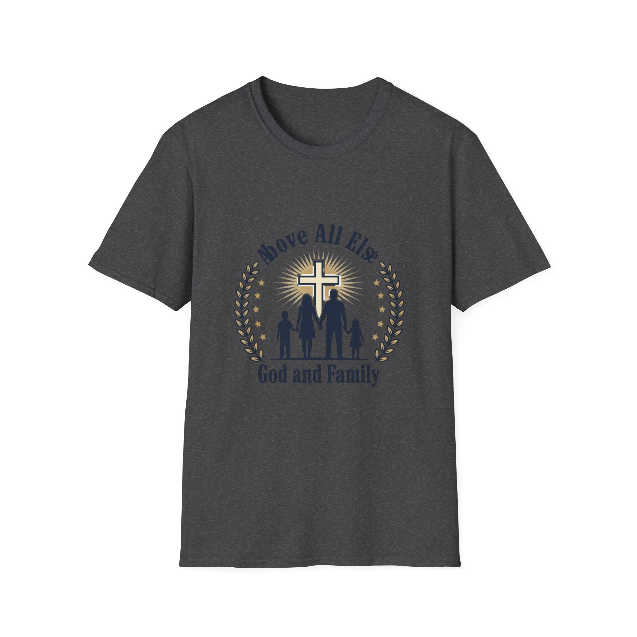 God and Family T-Shirt — Above All Else Cross & Family Silhouette Christian Tee