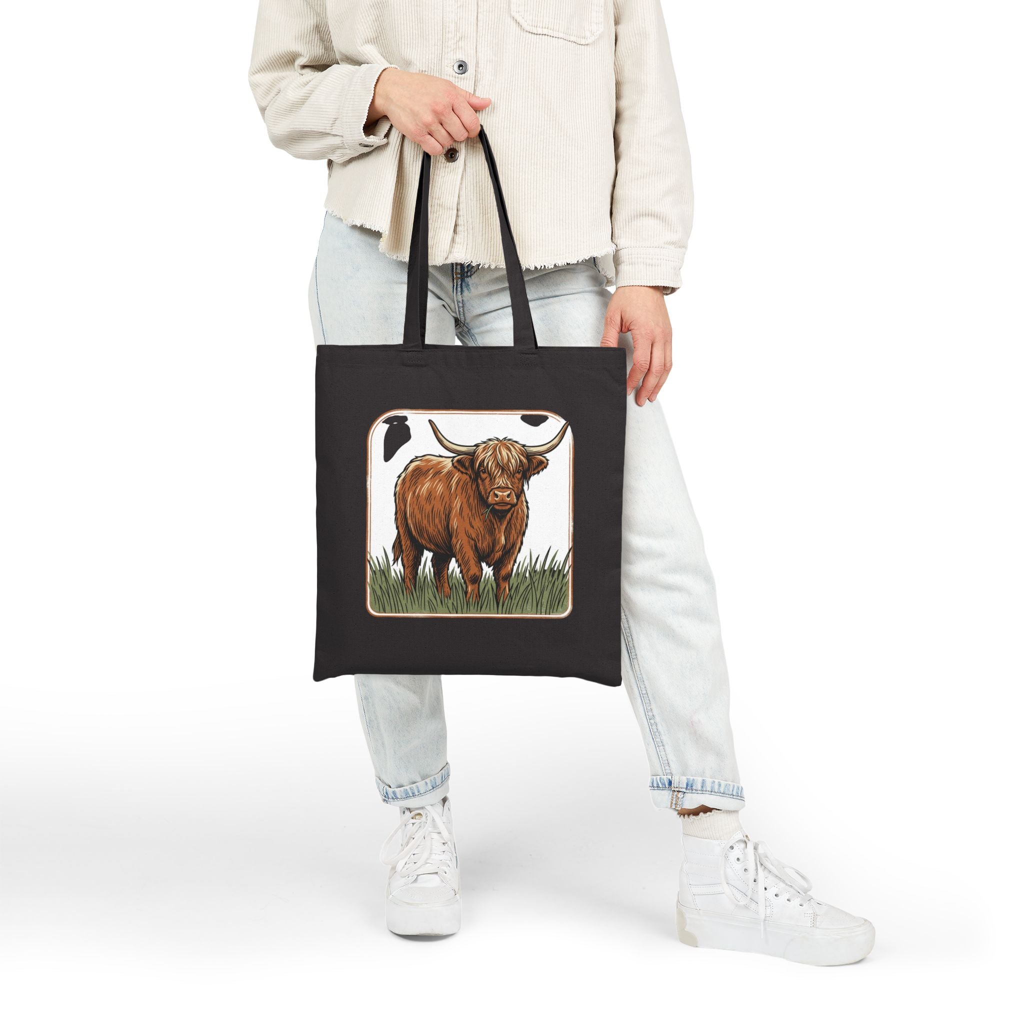 Highland Cow Canvas Tote Bag — Rustic Farm Animal Market Tote