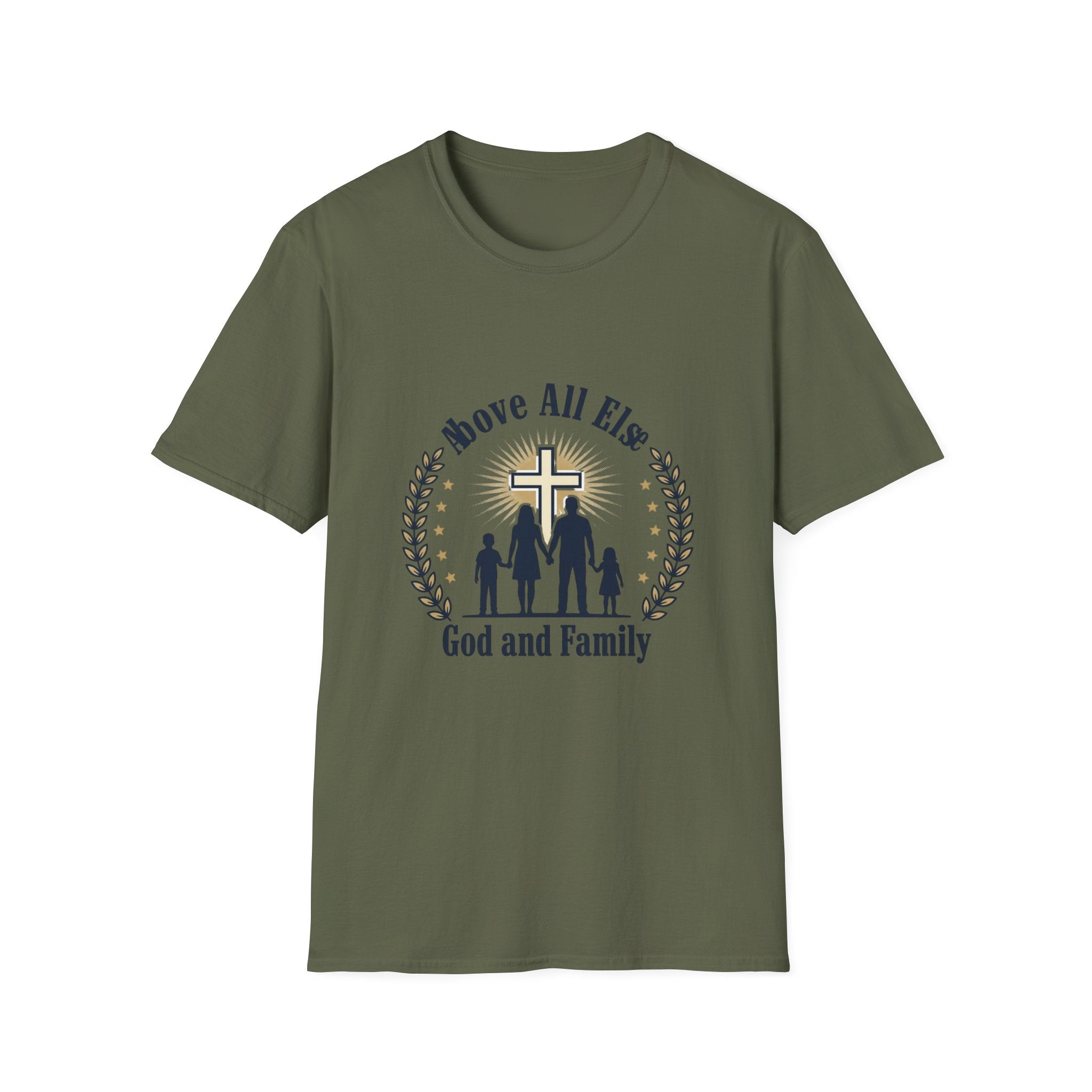 God and Family T-Shirt — Above All Else Cross & Family Silhouette Christian Tee