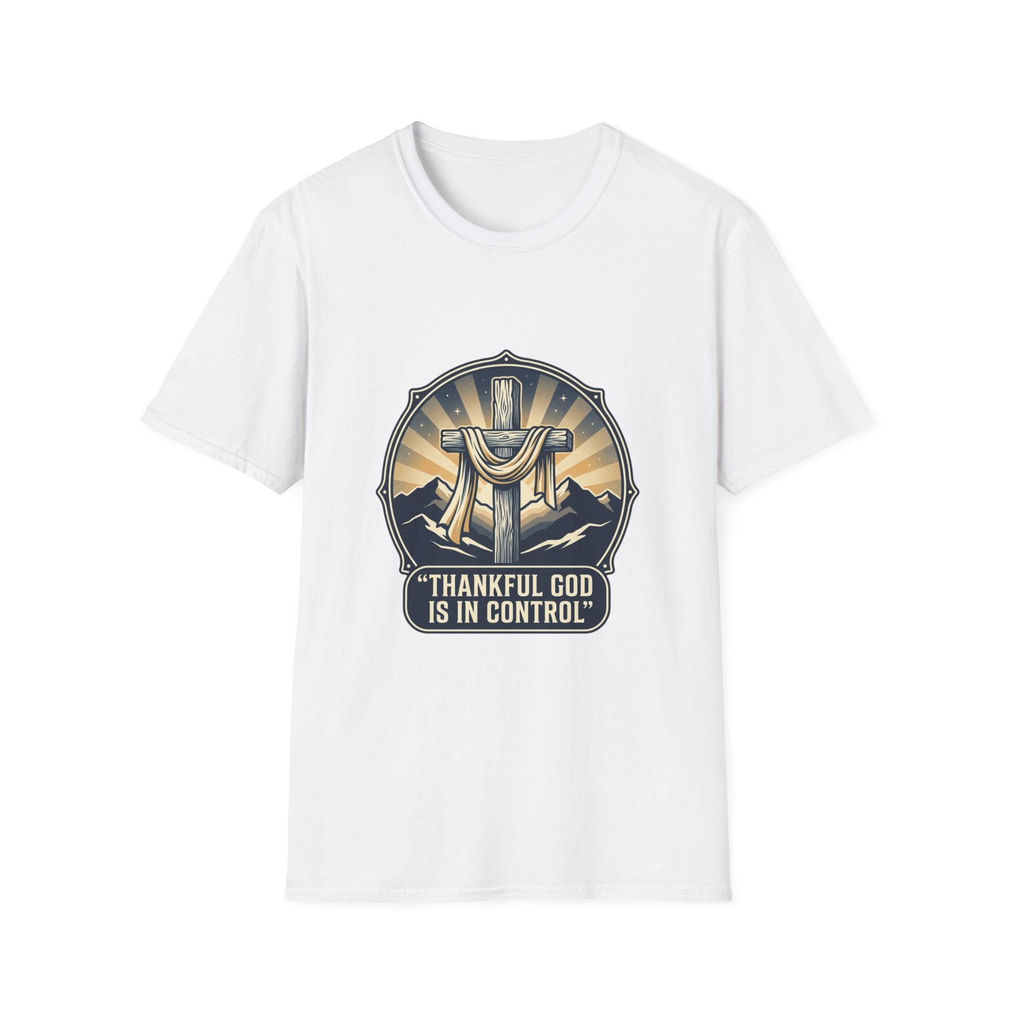 Christian T-Shirt — "Thankful God Is In Control" Cross Design
