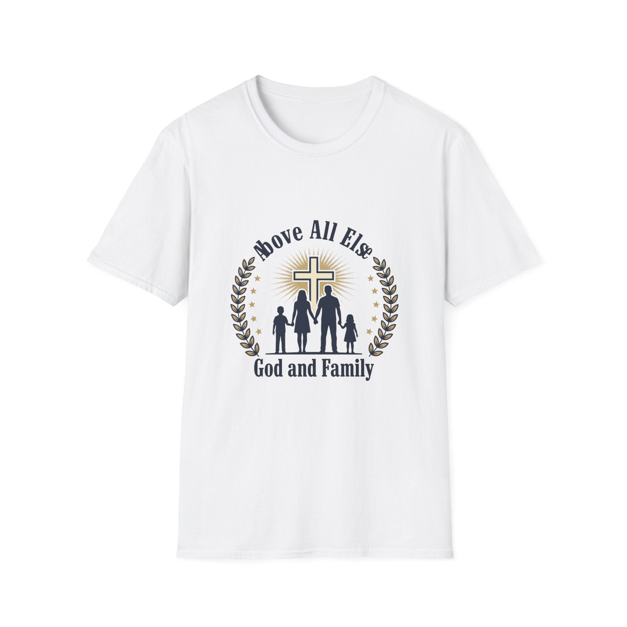 God and Family T-Shirt — Above All Else Cross & Family Silhouette Christian Tee