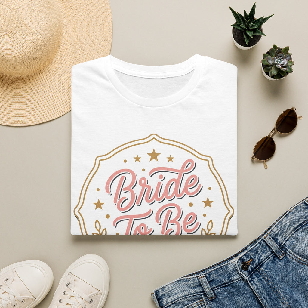 Bride To Be T-Shirt — Bachelorette Party Tee with Gold & Pink Badge Design