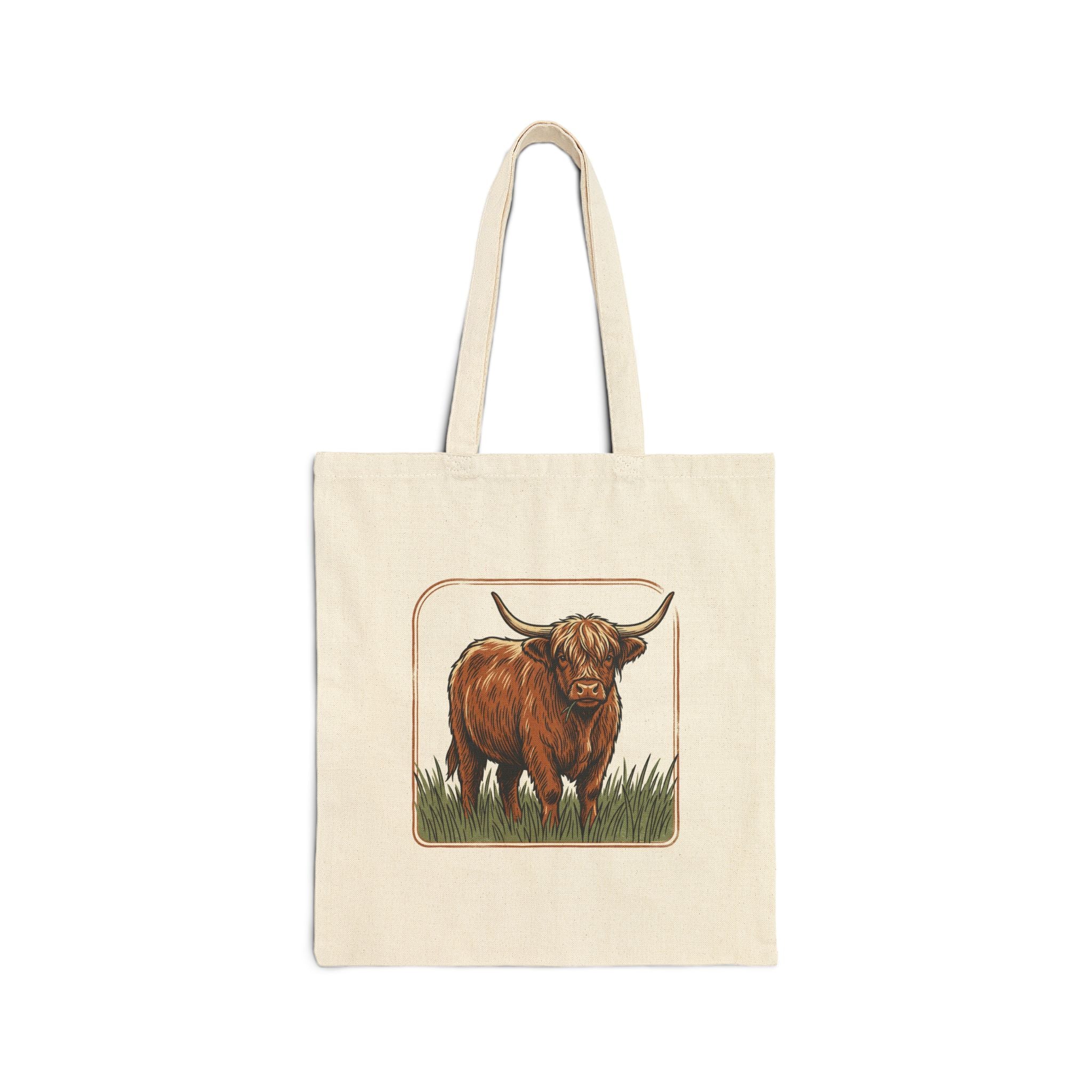 Highland Cow Canvas Tote Bag — Rustic Farm Animal Market Tote