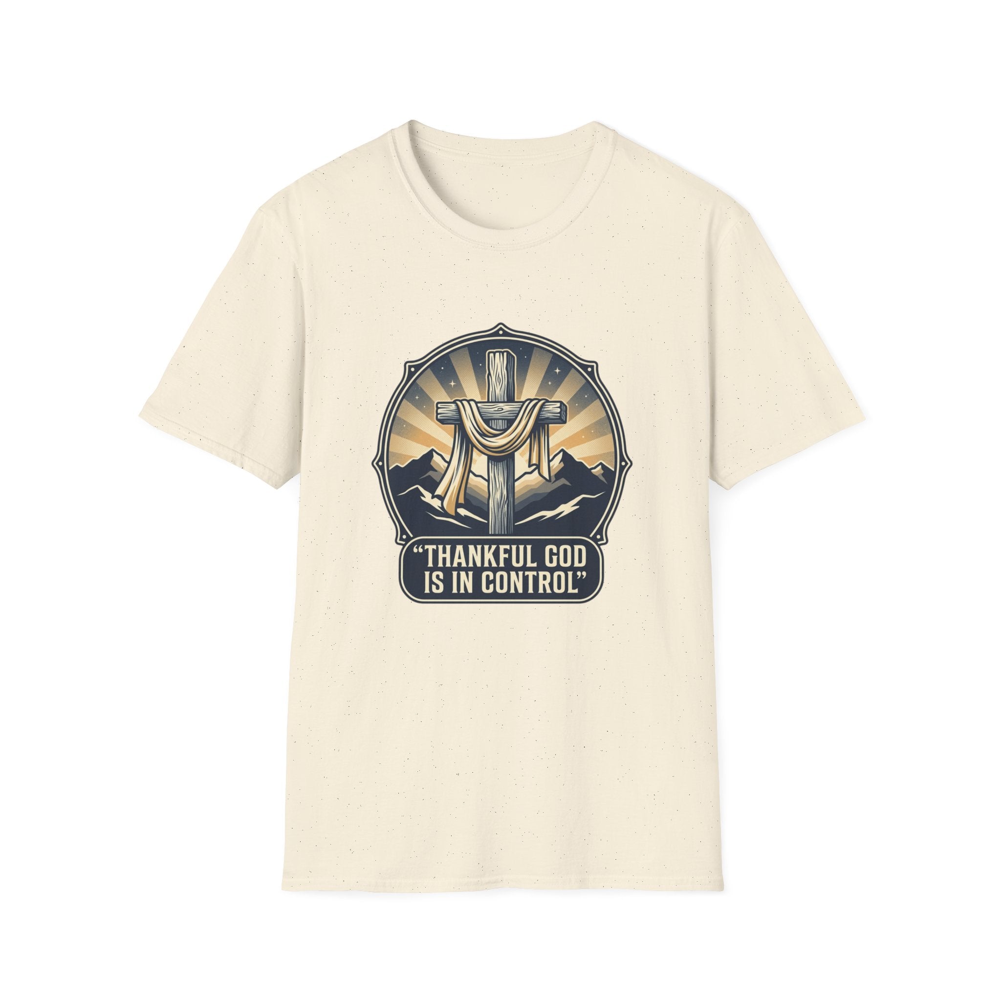 Christian T-Shirt — "Thankful God Is In Control" Cross Design