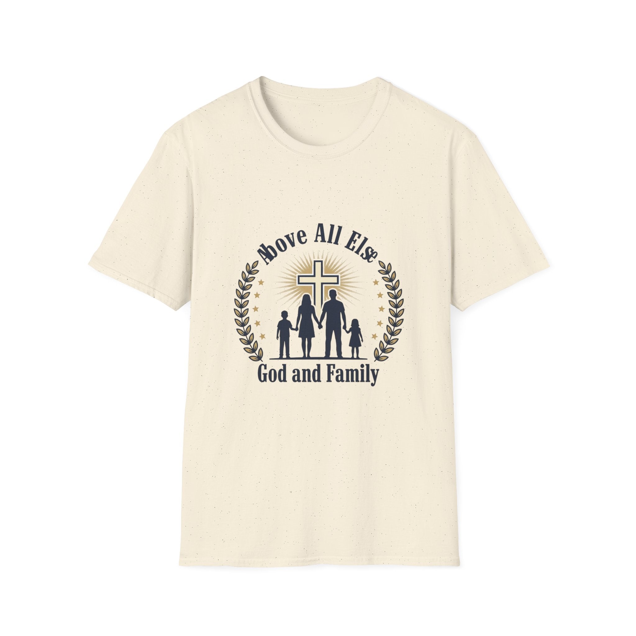 God and Family T-Shirt — Above All Else Cross & Family Silhouette Christian Tee