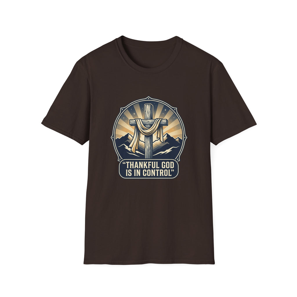 Christian T-Shirt — "Thankful God Is In Control" Cross Design