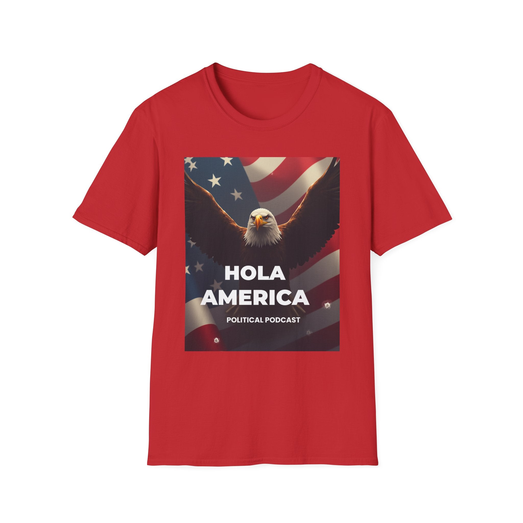 Hola America Podcast T-Shirt — Bald Eagle & American Flag Promotional Tee