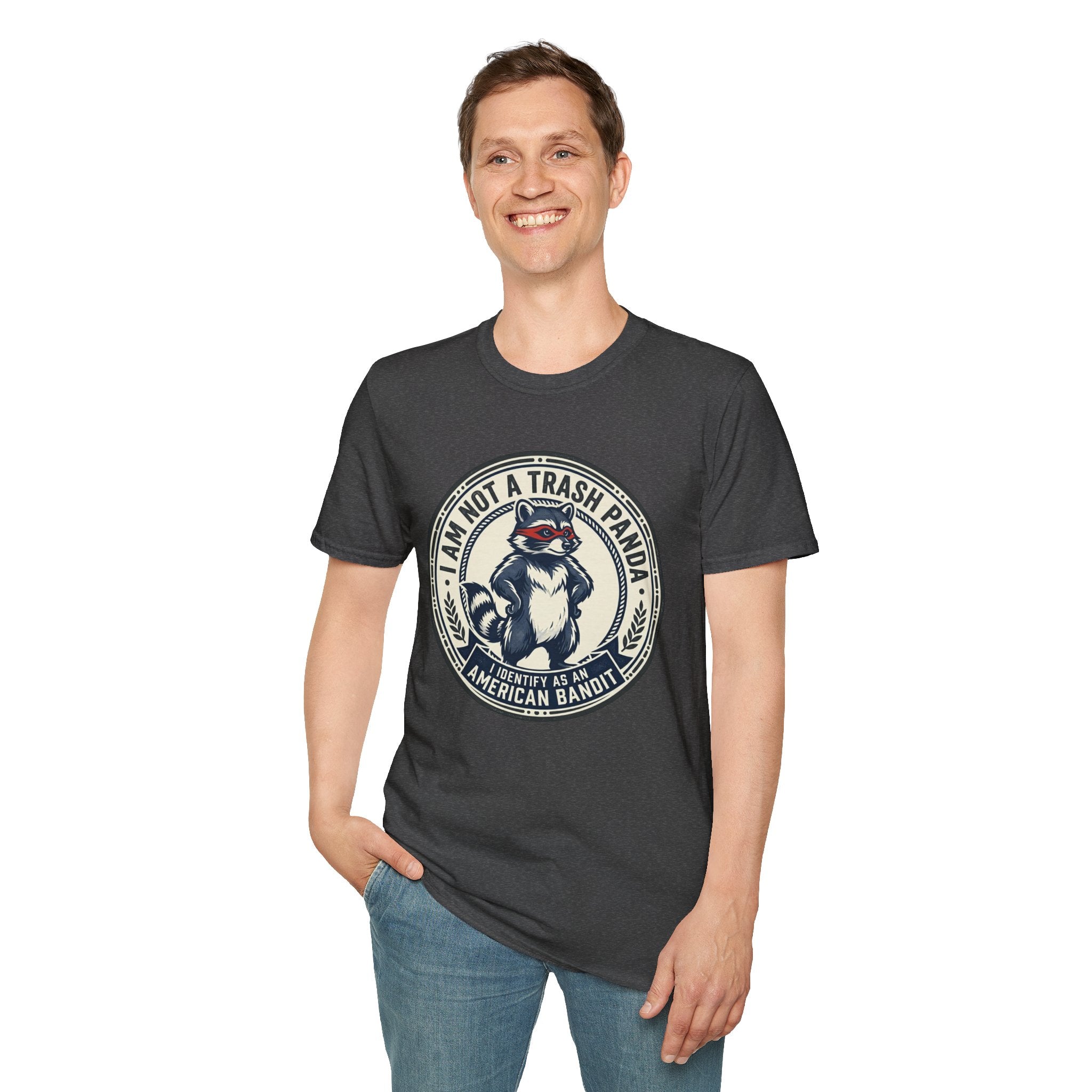 Raccoon Retro Badge T-Shirt — "I Am Not a Trash Panda, I Identify as an American Bandit"