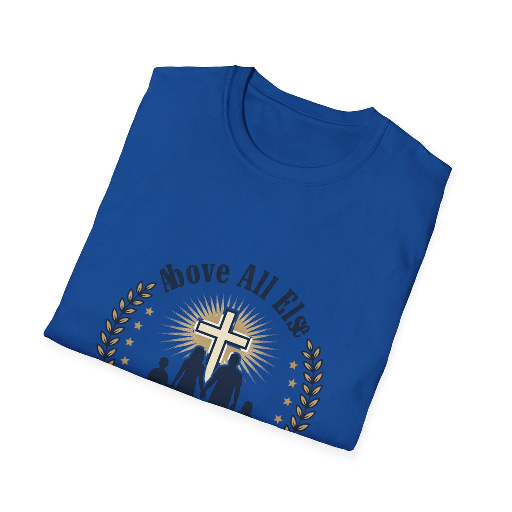 God and Family T-Shirt — Above All Else Cross & Family Silhouette Christian Tee