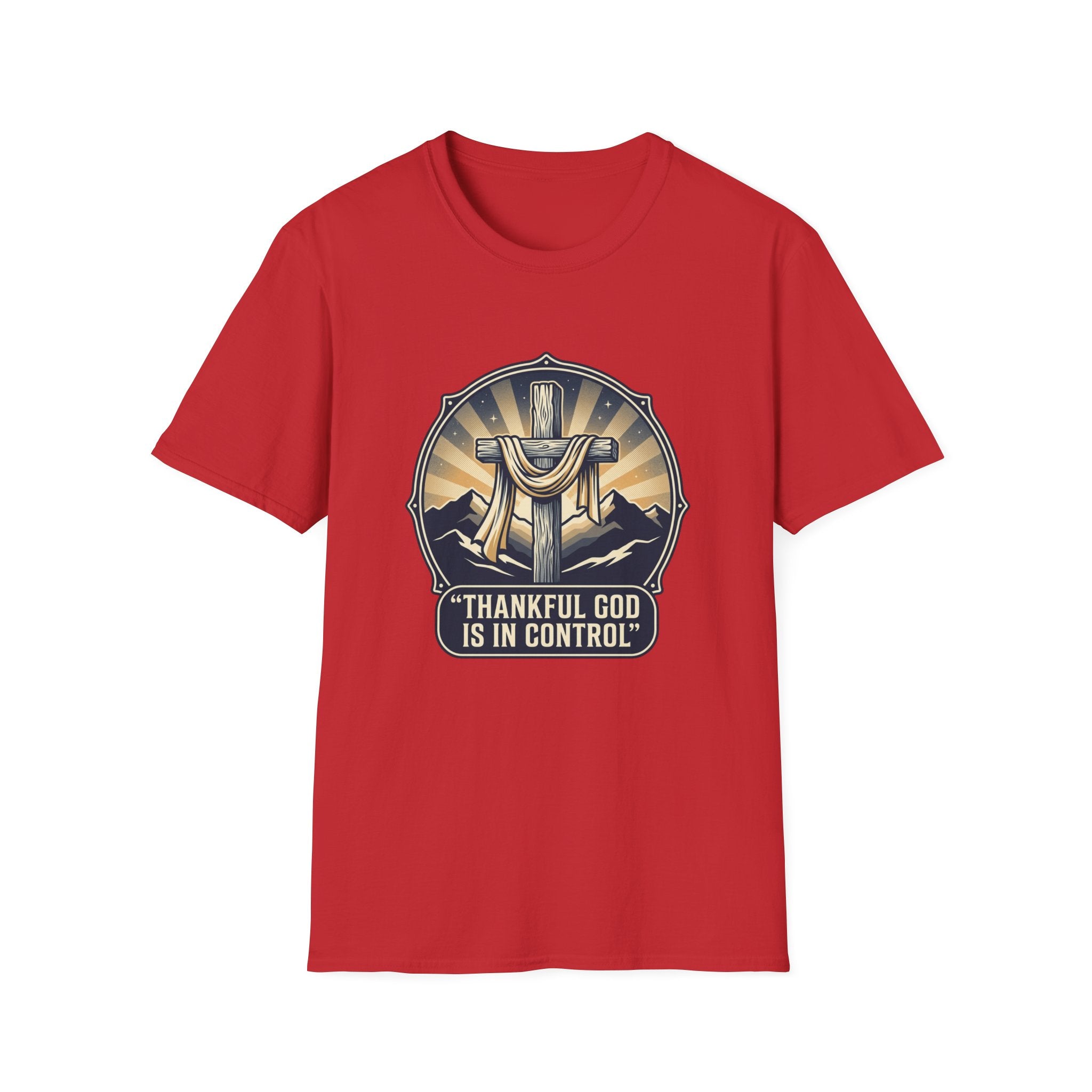 Christian T-Shirt — "Thankful God Is In Control" Cross Design