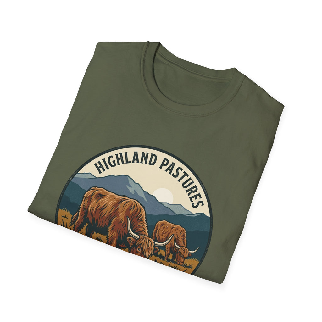 Highland Pastures T-Shirt — Scottish Highlands Highland Cow Vintage Badge