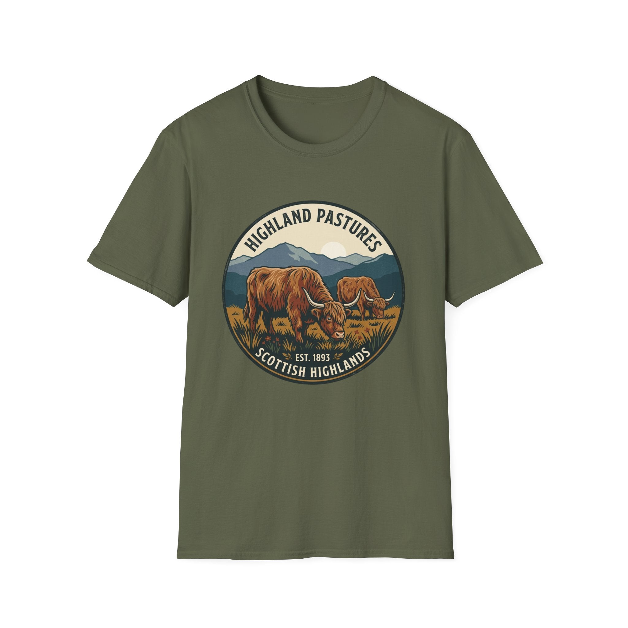Highland Pastures T-Shirt — Scottish Highlands Highland Cow Vintage Badge
