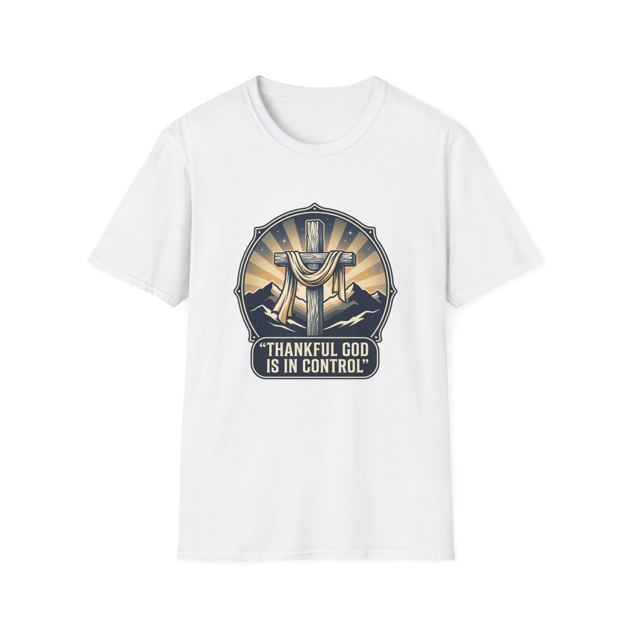 Christian T-Shirt — "Thankful God Is In Control" Cross Design