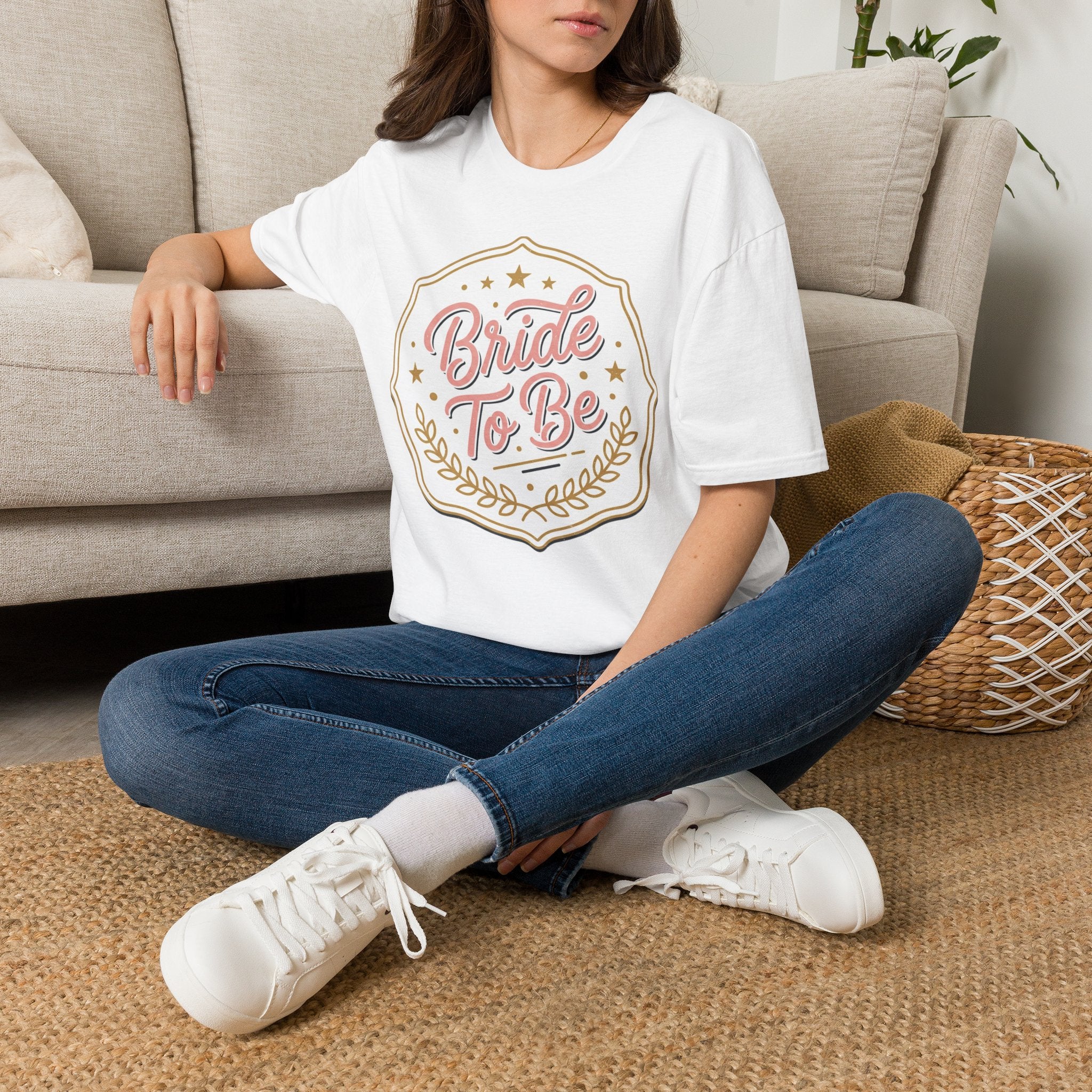 Bride To Be T-Shirt — Bachelorette Party Tee with Gold & Pink Badge Design