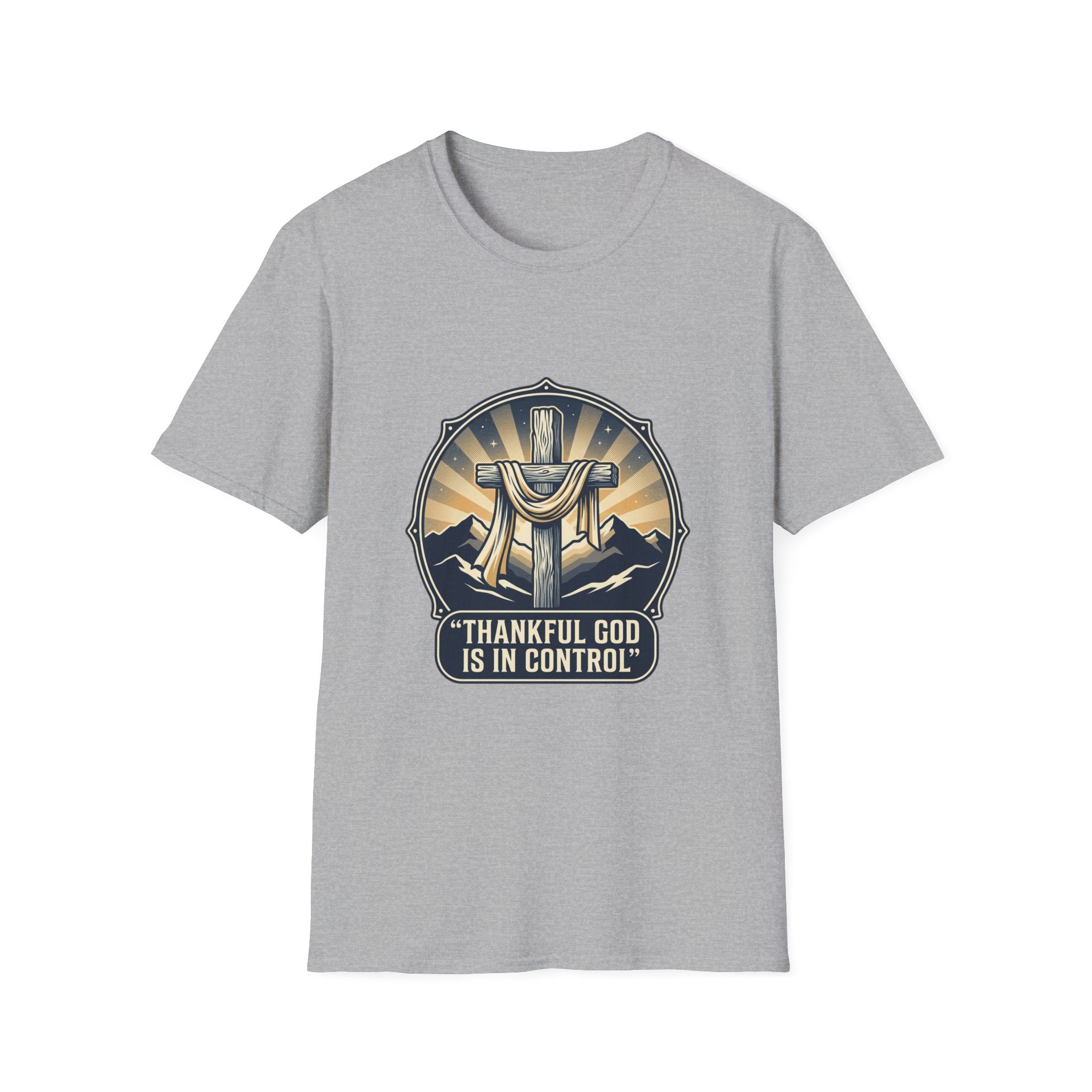 Christian T-Shirt — "Thankful God Is In Control" Cross Design