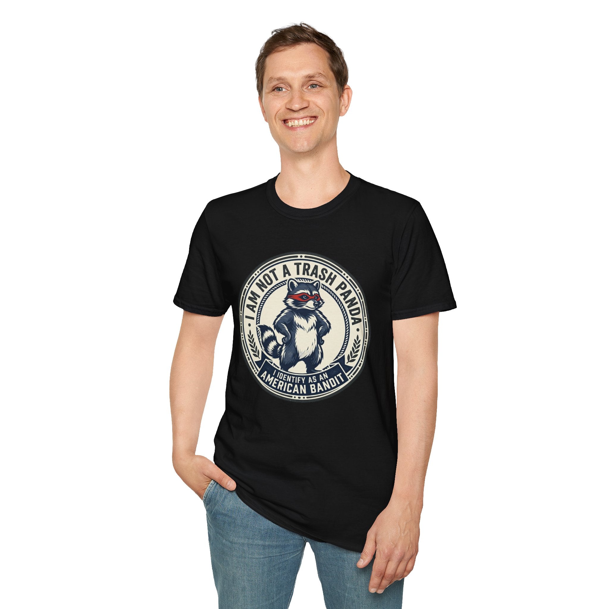 Raccoon Retro Badge T-Shirt — "I Am Not a Trash Panda, I Identify as an American Bandit"