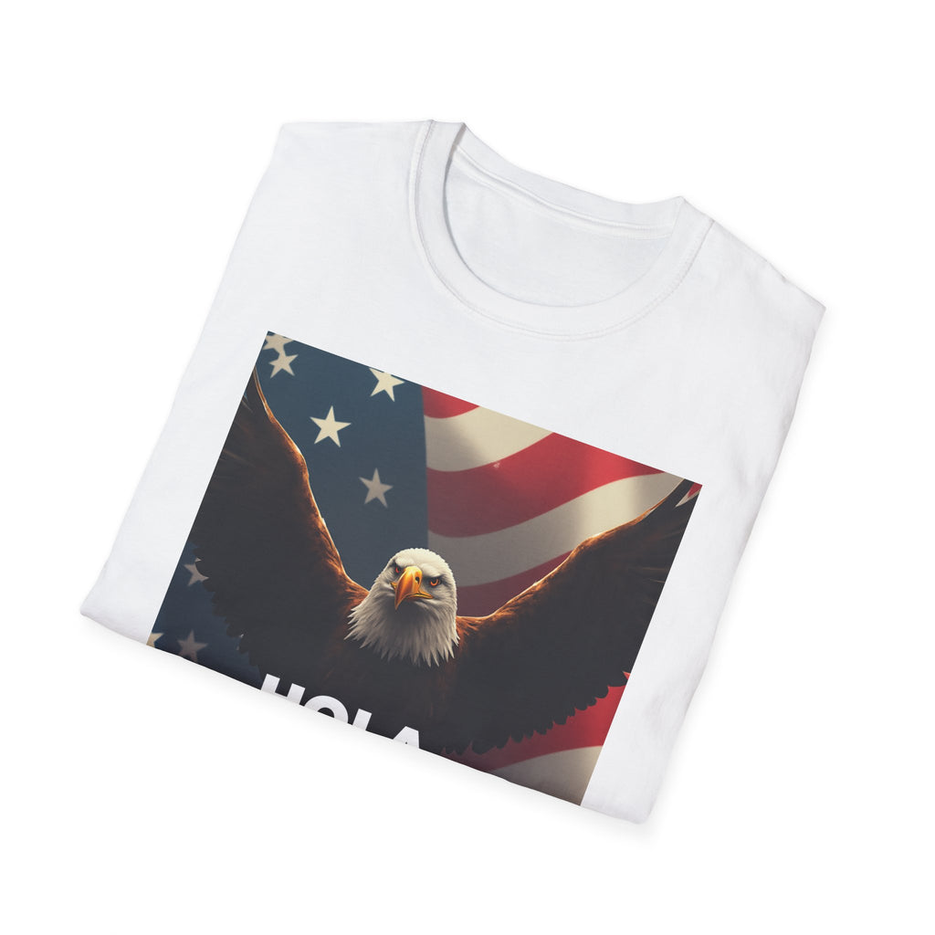 Hola America Podcast T-Shirt — Bald Eagle & American Flag Promotional Tee