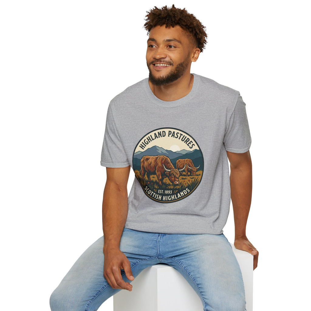 Highland Pastures T-Shirt — Scottish Highlands Highland Cow Vintage Badge
