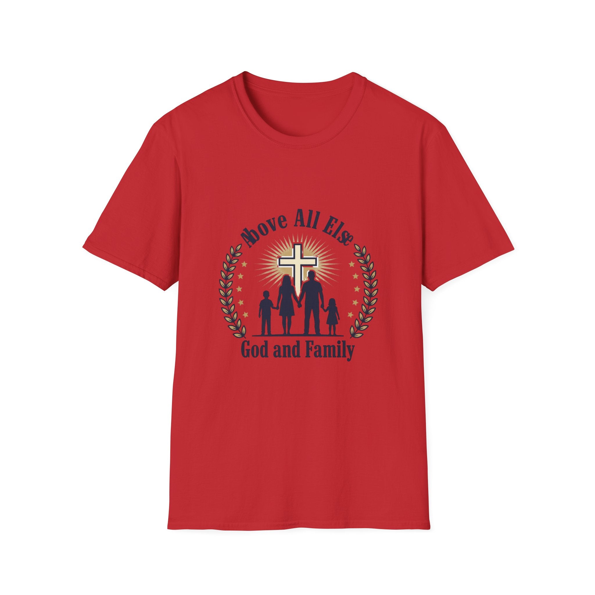 God and Family T-Shirt — Above All Else Cross & Family Silhouette Christian Tee