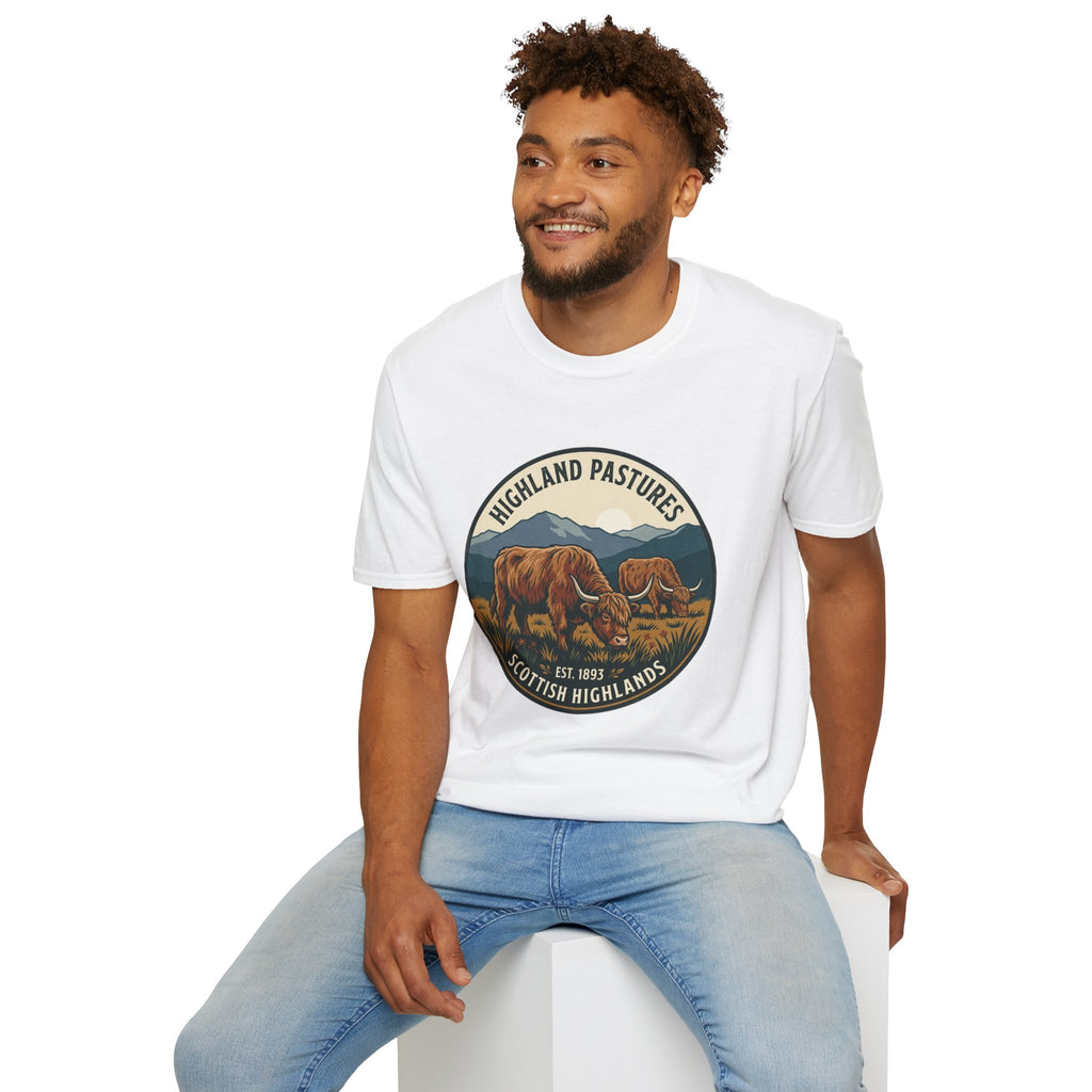 Highland Pastures T-Shirt — Scottish Highlands Highland Cow Vintage Badge