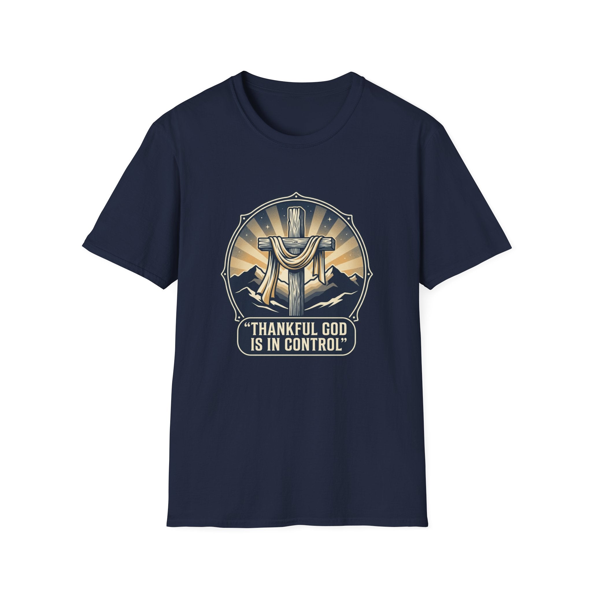 Christian T-Shirt — "Thankful God Is In Control" Cross Design
