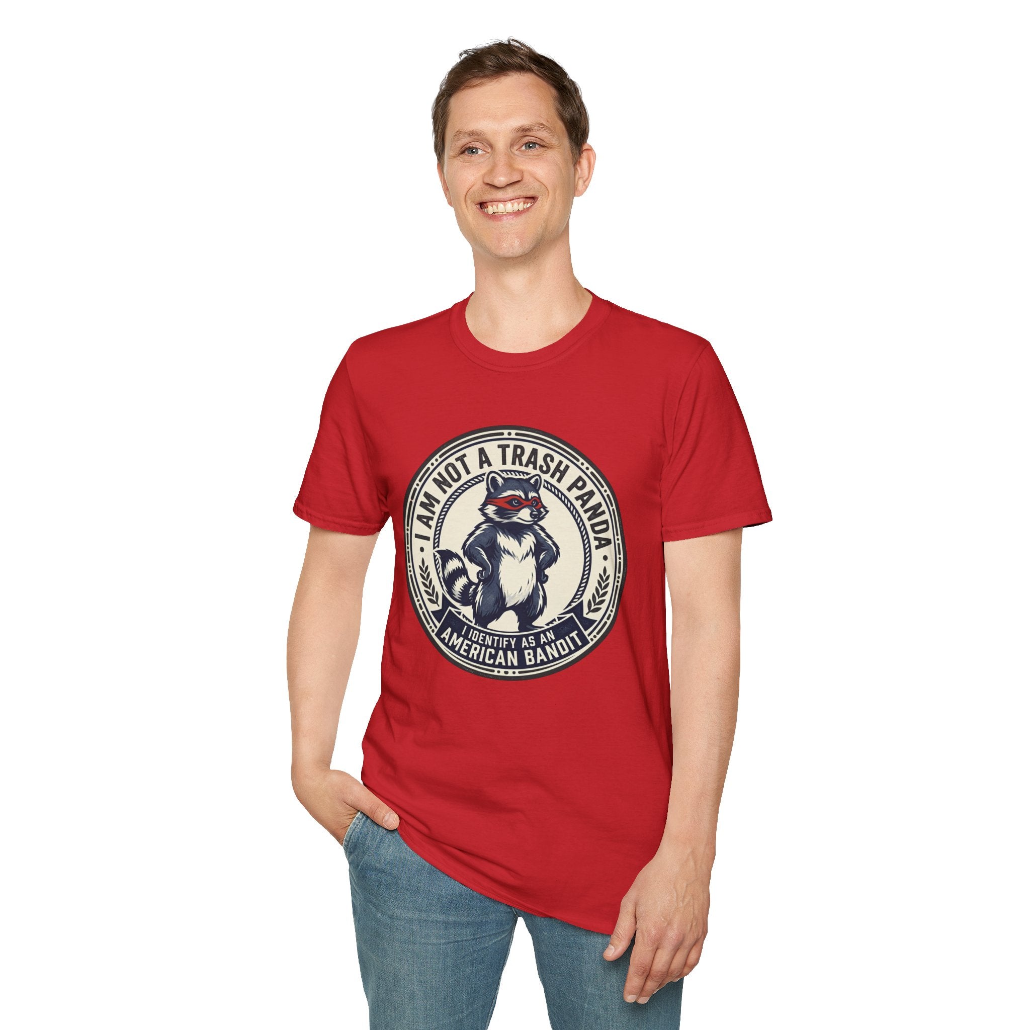 Raccoon Retro Badge T-Shirt — "I Am Not a Trash Panda, I Identify as an American Bandit"