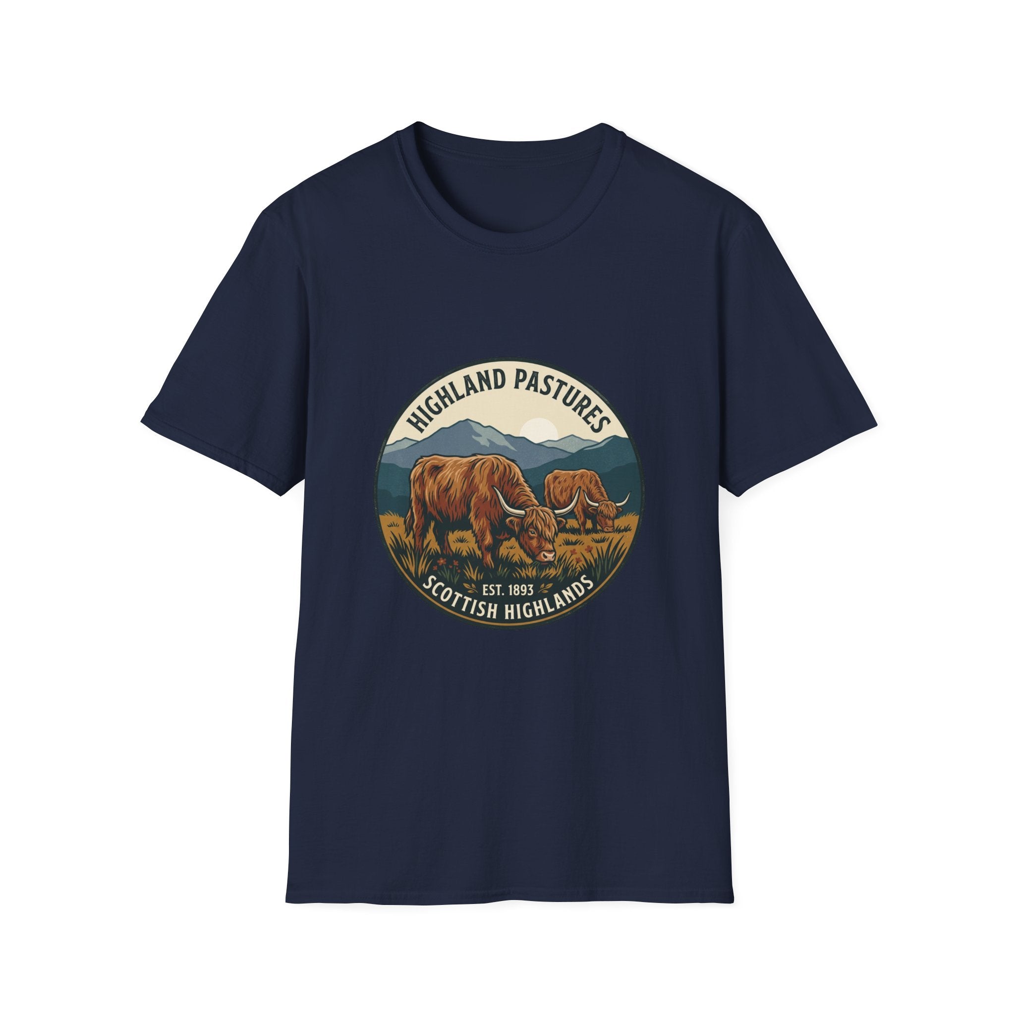 Highland Pastures T-Shirt — Scottish Highlands Highland Cow Vintage Badge