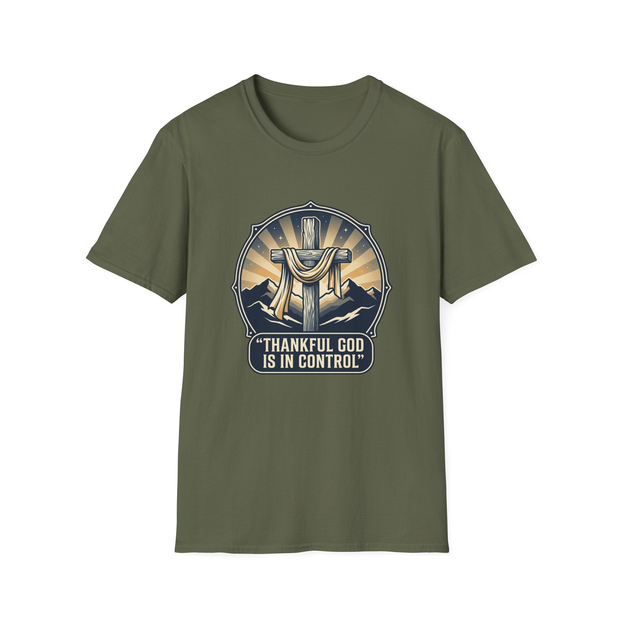 Christian T-Shirt — "Thankful God Is In Control" Cross Design