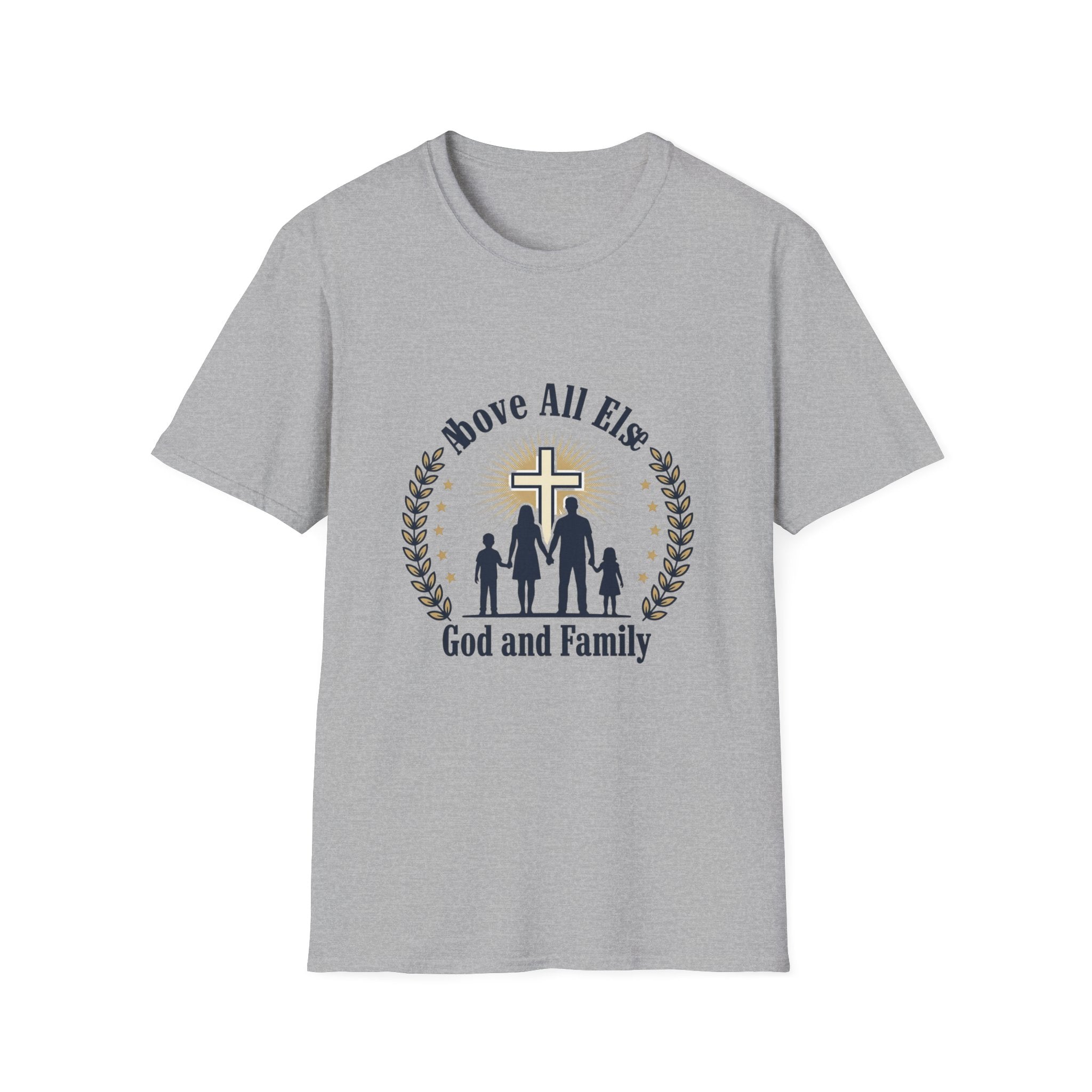 God and Family T-Shirt — Above All Else Cross & Family Silhouette Christian Tee