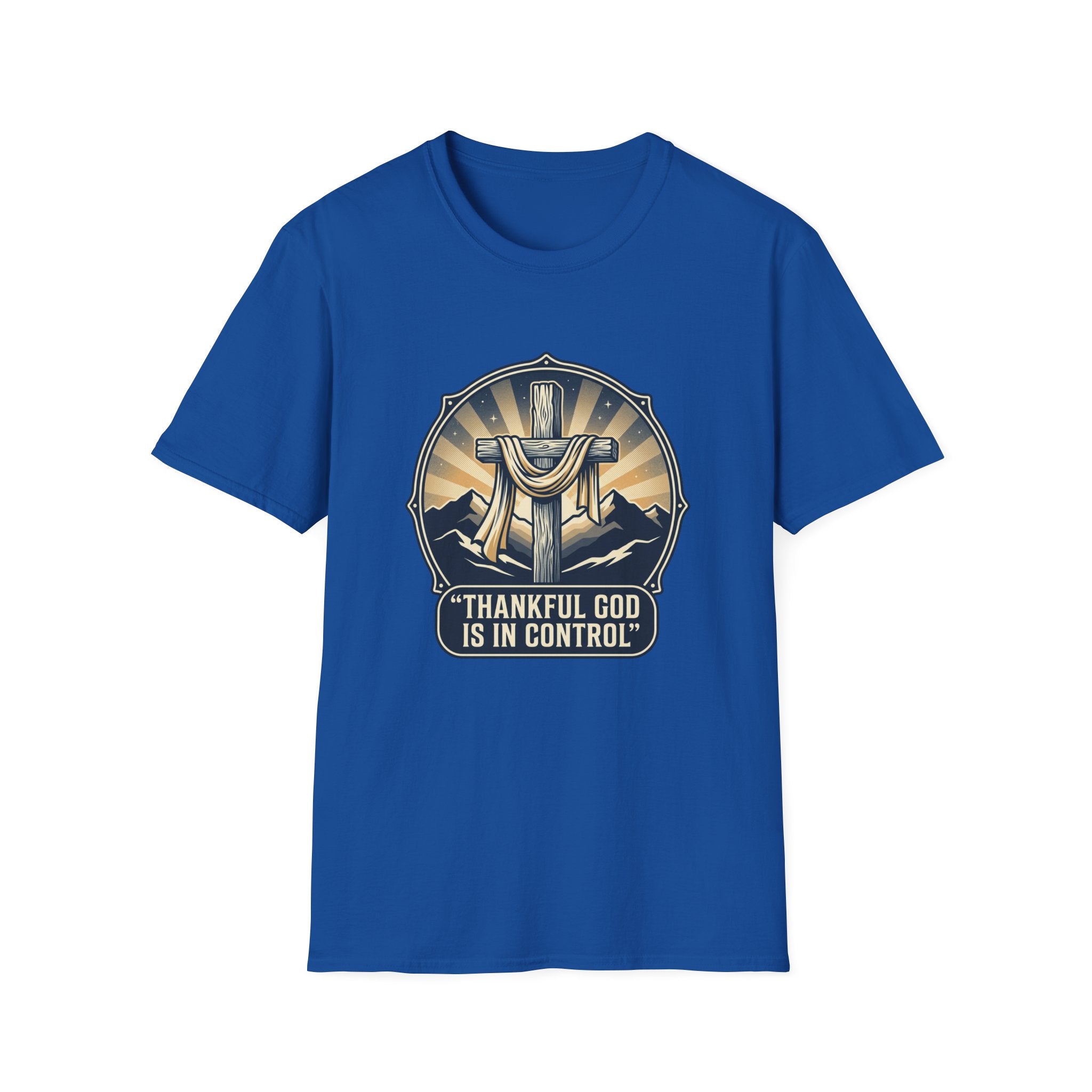 Christian T-Shirt — "Thankful God Is In Control" Cross Design