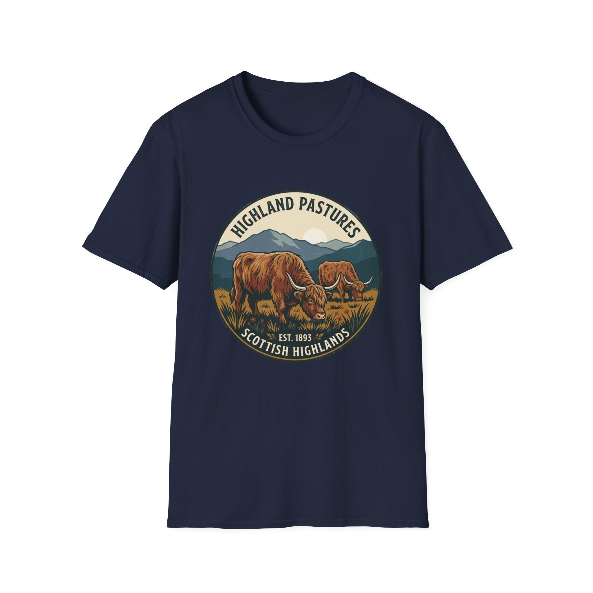 Highland Pastures T-Shirt — Scottish Highlands Highland Cow Vintage Badge
