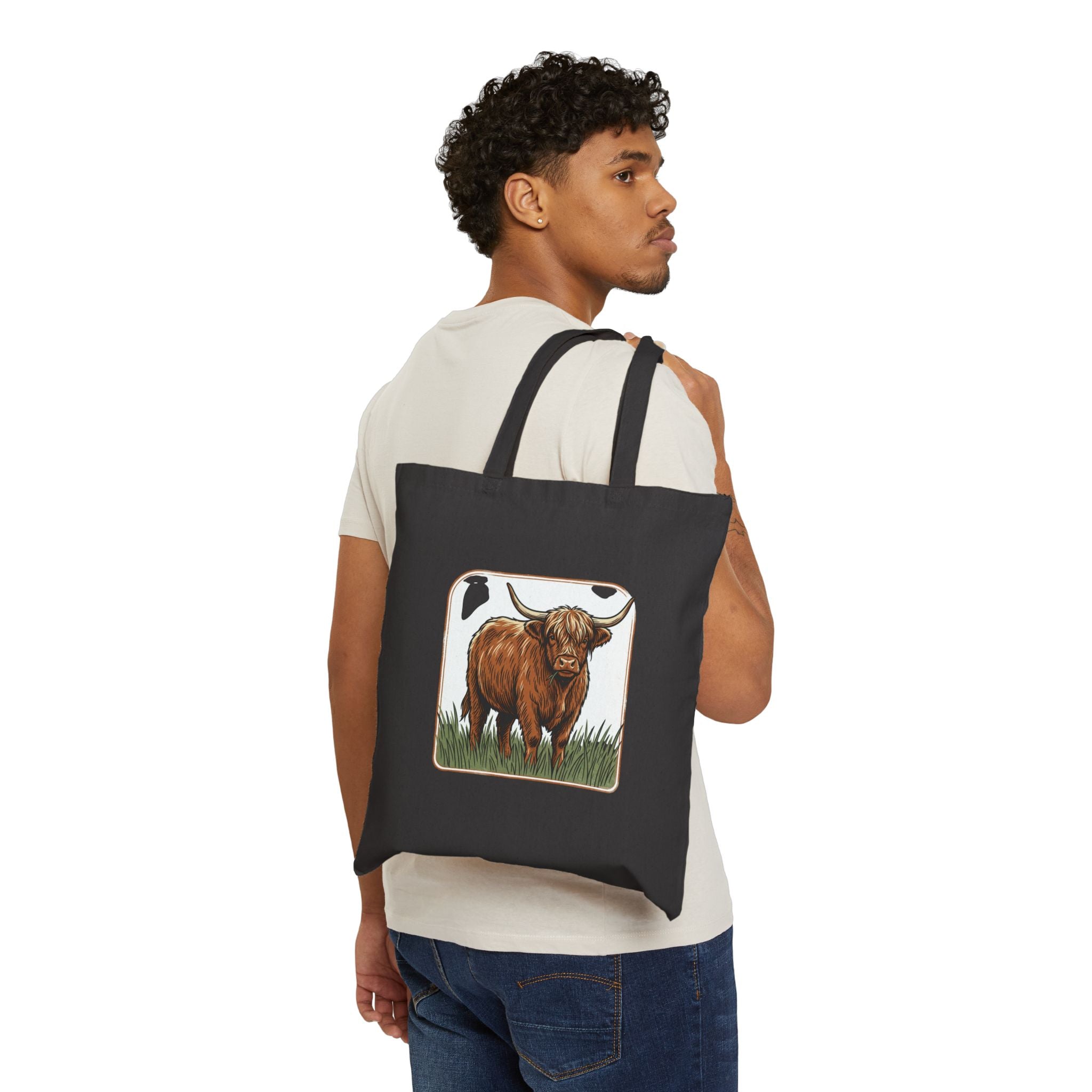 Highland Cow Canvas Tote Bag — Rustic Farm Animal Market Tote