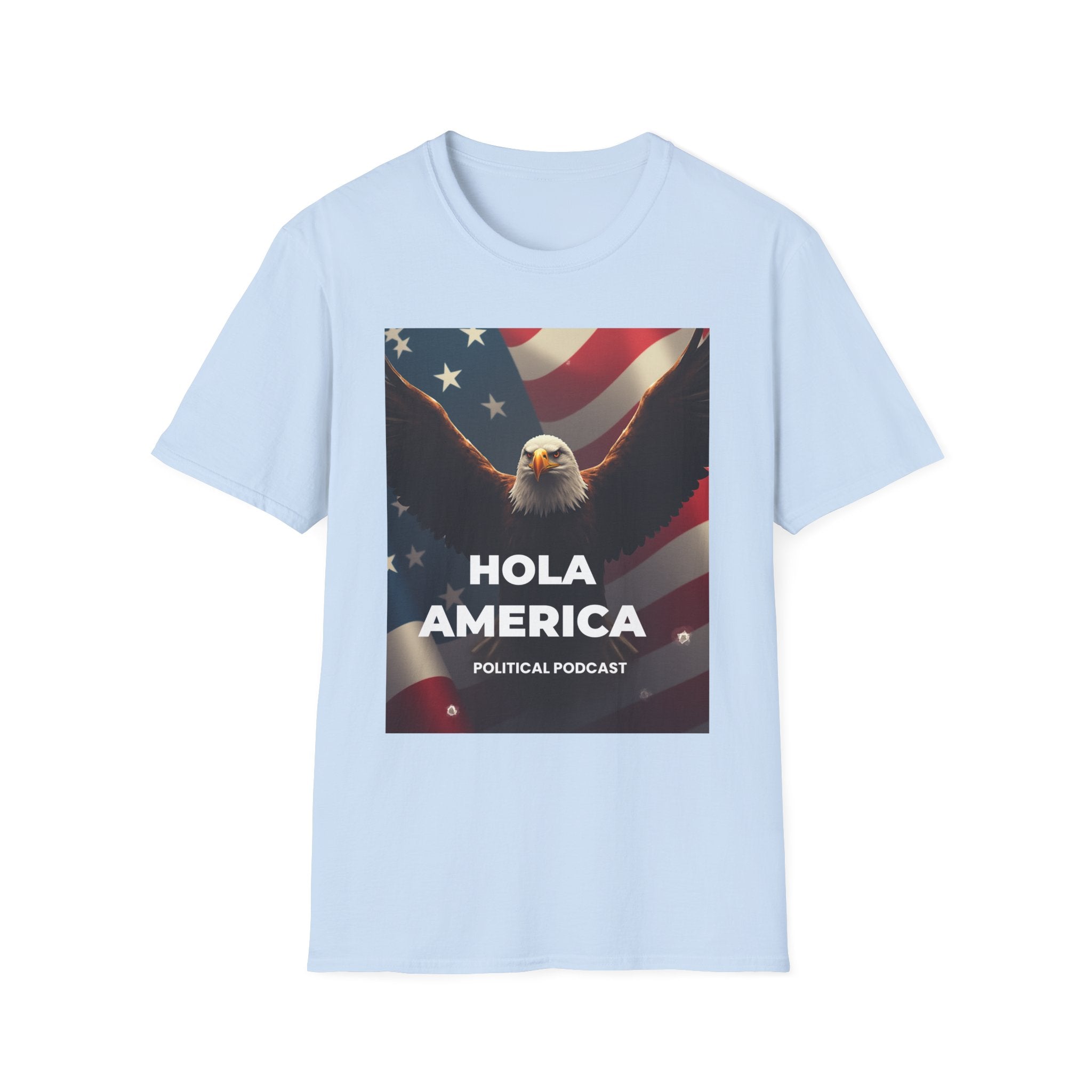 Hola America Podcast T-Shirt — Bald Eagle & American Flag Promotional Tee