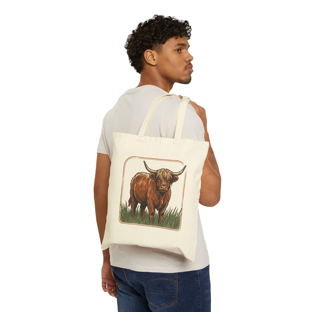 Highland Cow Canvas Tote Bag — Rustic Farm Animal Market Tote