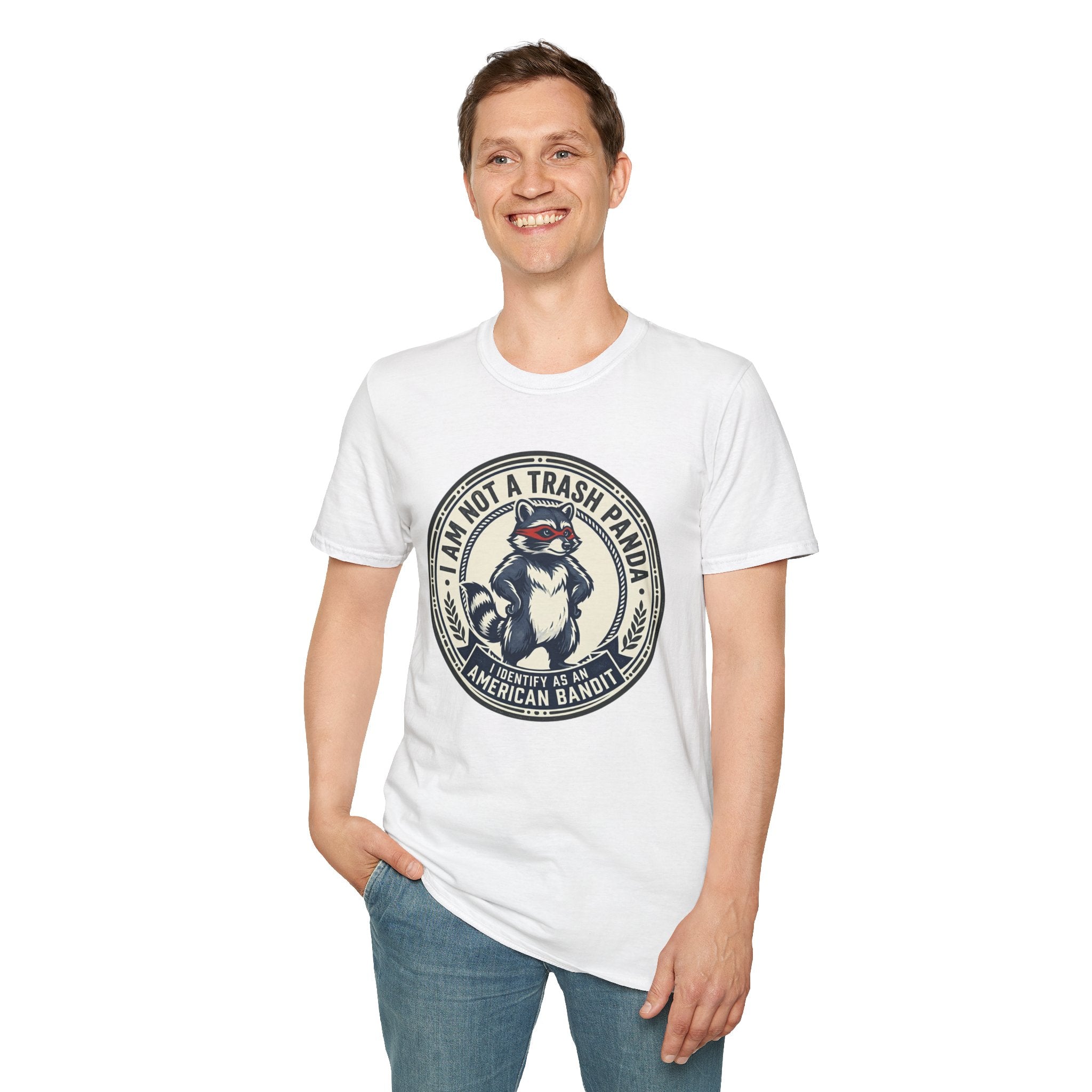 Raccoon Retro Badge T-Shirt — "I Am Not a Trash Panda, I Identify as an American Bandit"