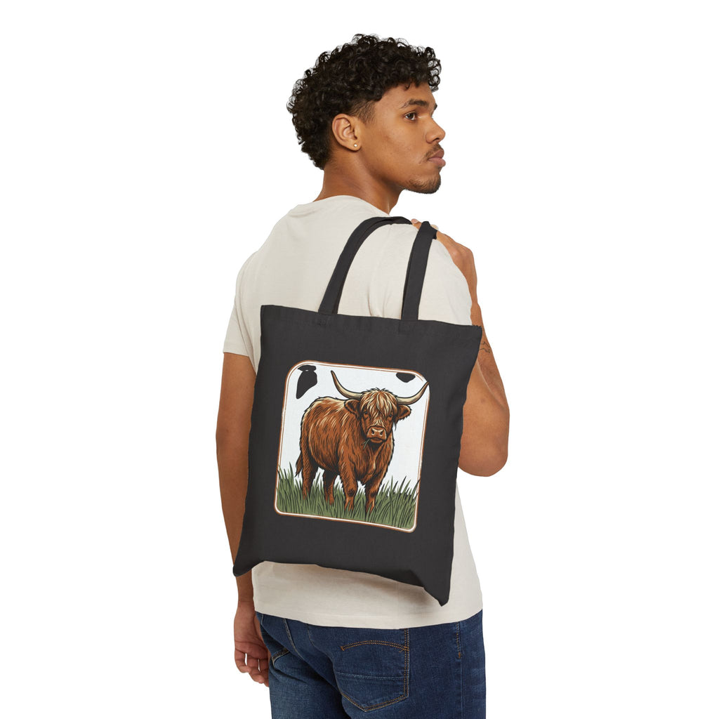Highland Cow Canvas Tote Bag — Rustic Farm Animal Market Tote