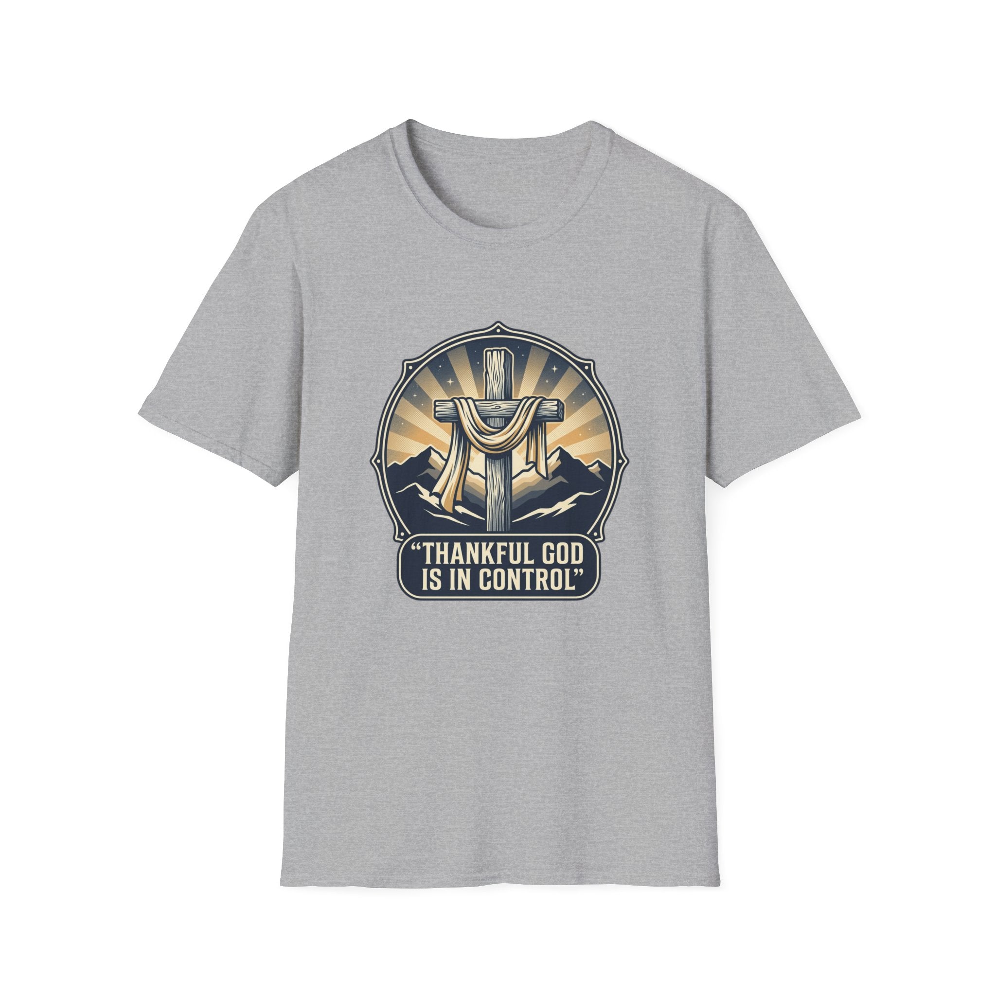 Christian T-Shirt — "Thankful God Is In Control" Cross Design