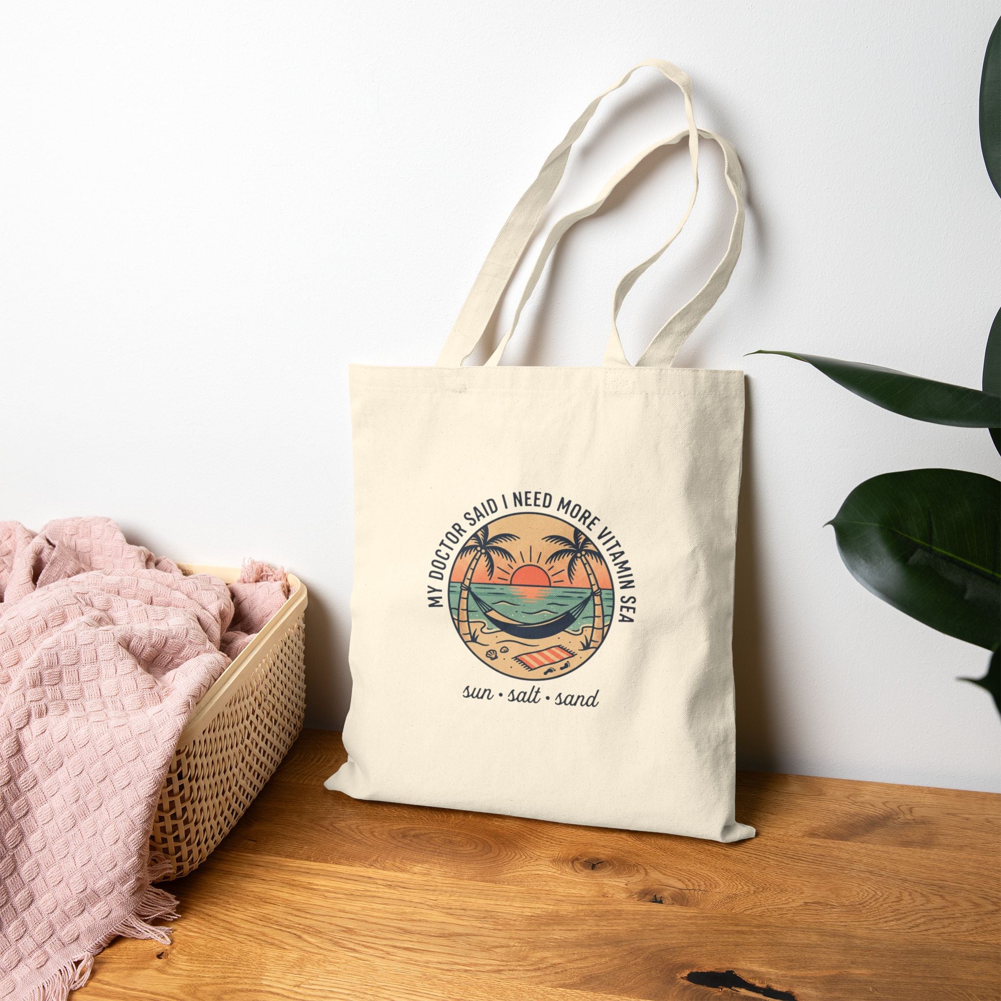 Beach Vibes Tote Bag – "Sun, Salt, Sand" Cotton Canvas Market Bag