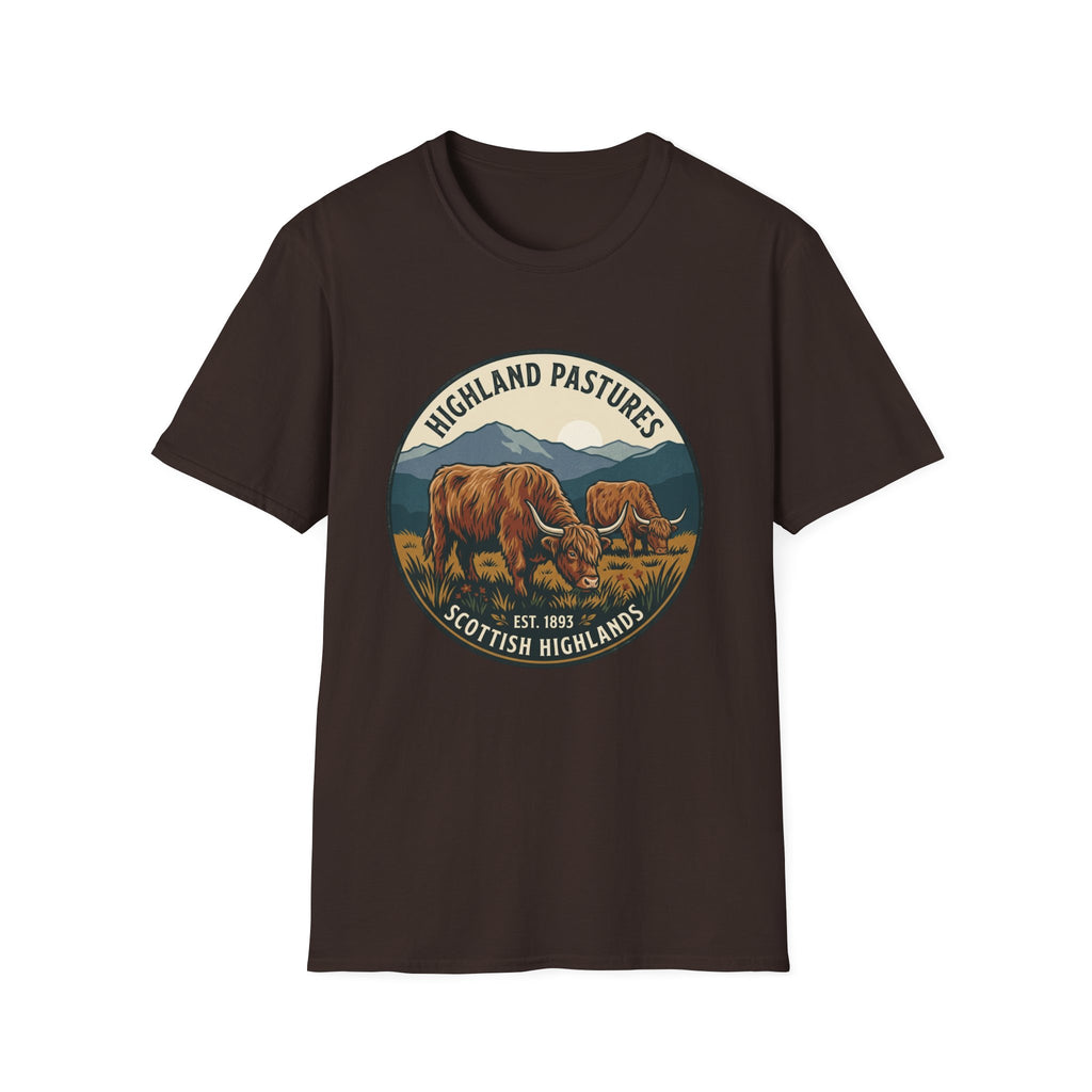 Highland Pastures T-Shirt — Scottish Highlands Highland Cow Vintage Badge