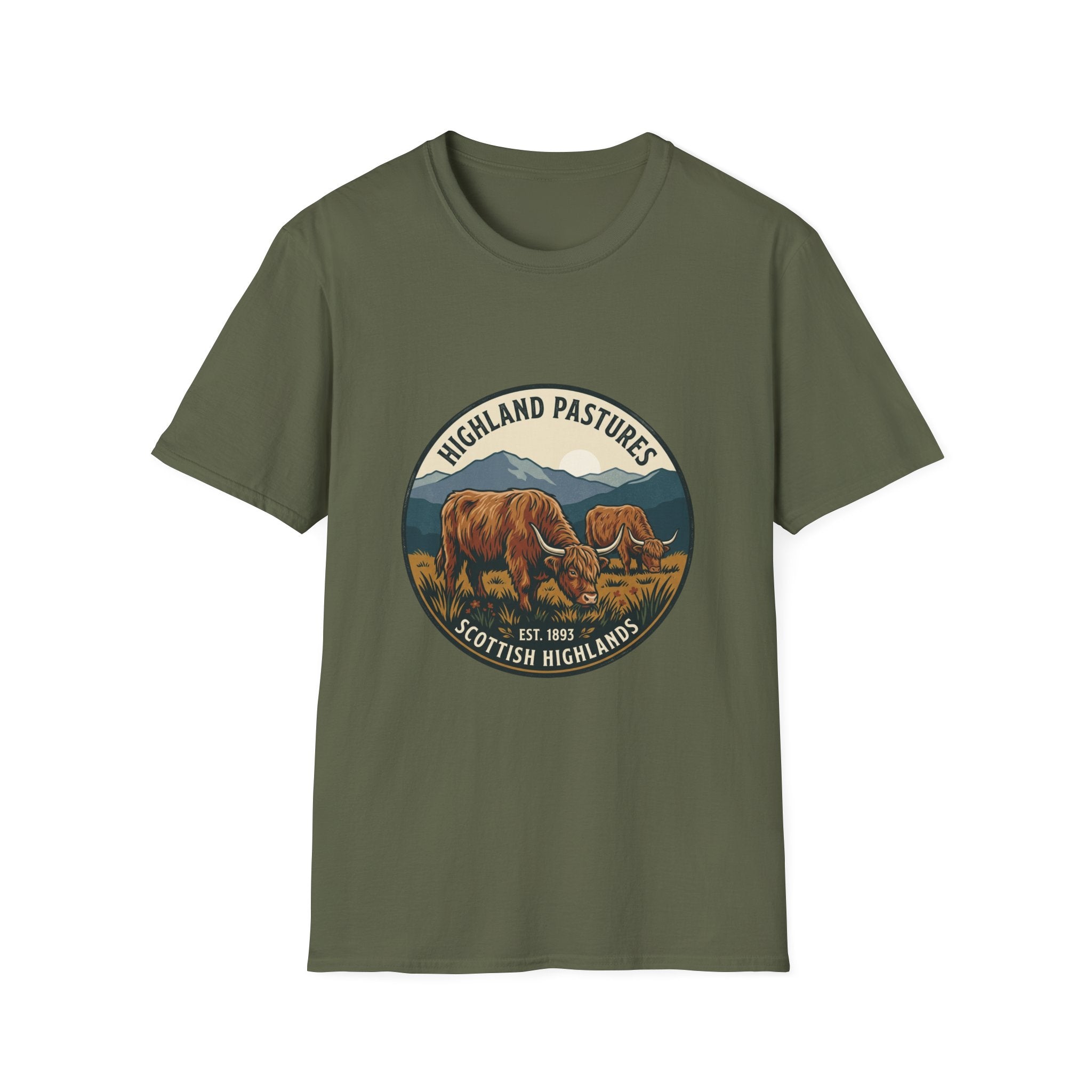 Highland Pastures T-Shirt — Scottish Highlands Highland Cow Vintage Badge