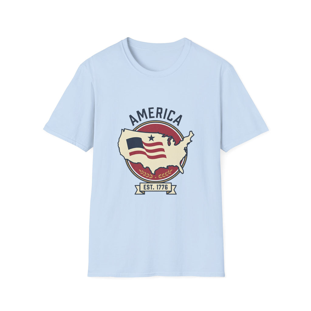 America Map Graphic T-Shirt – Vintage Flag Design, EST. 1776