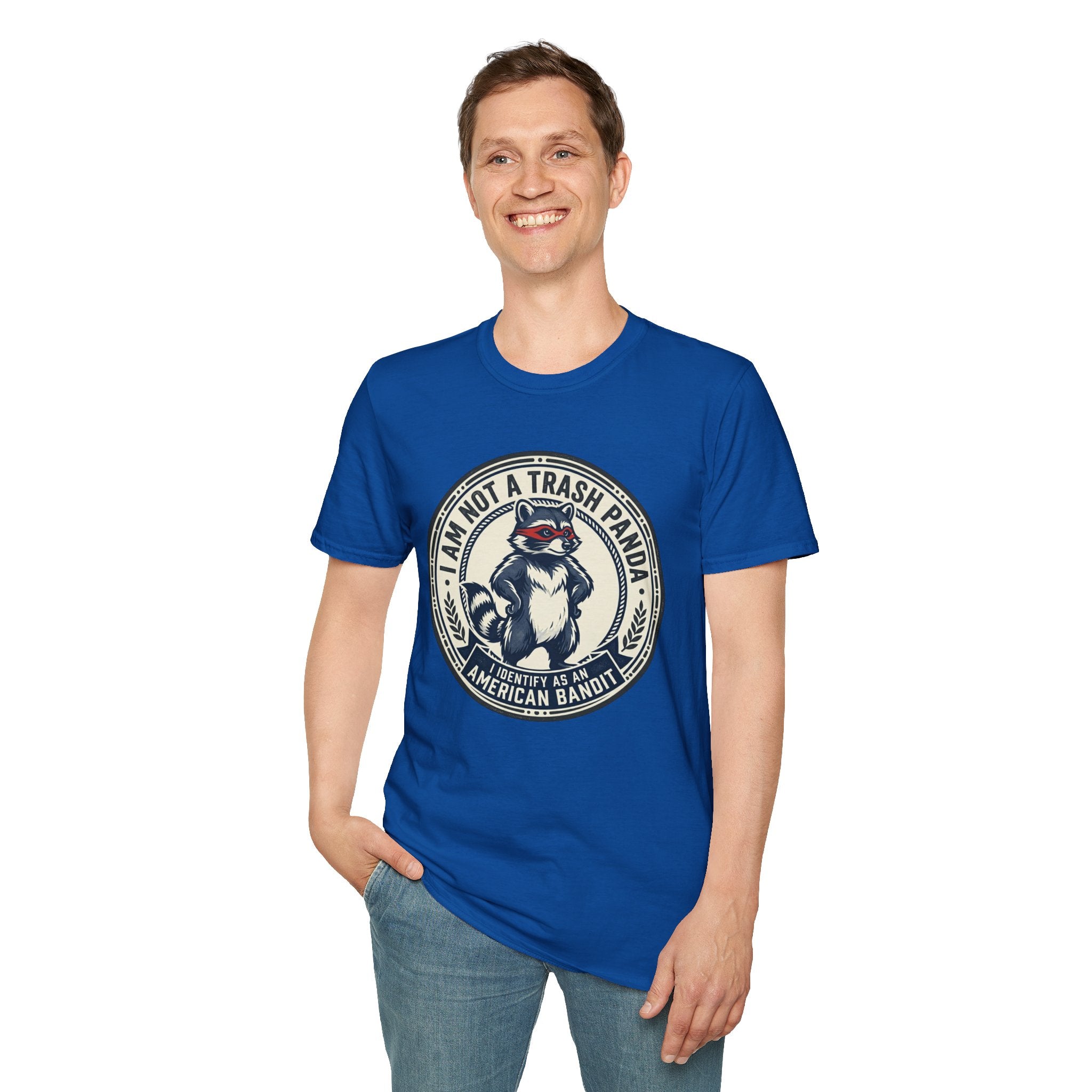 Raccoon Retro Badge T-Shirt — "I Am Not a Trash Panda, I Identify as an American Bandit"