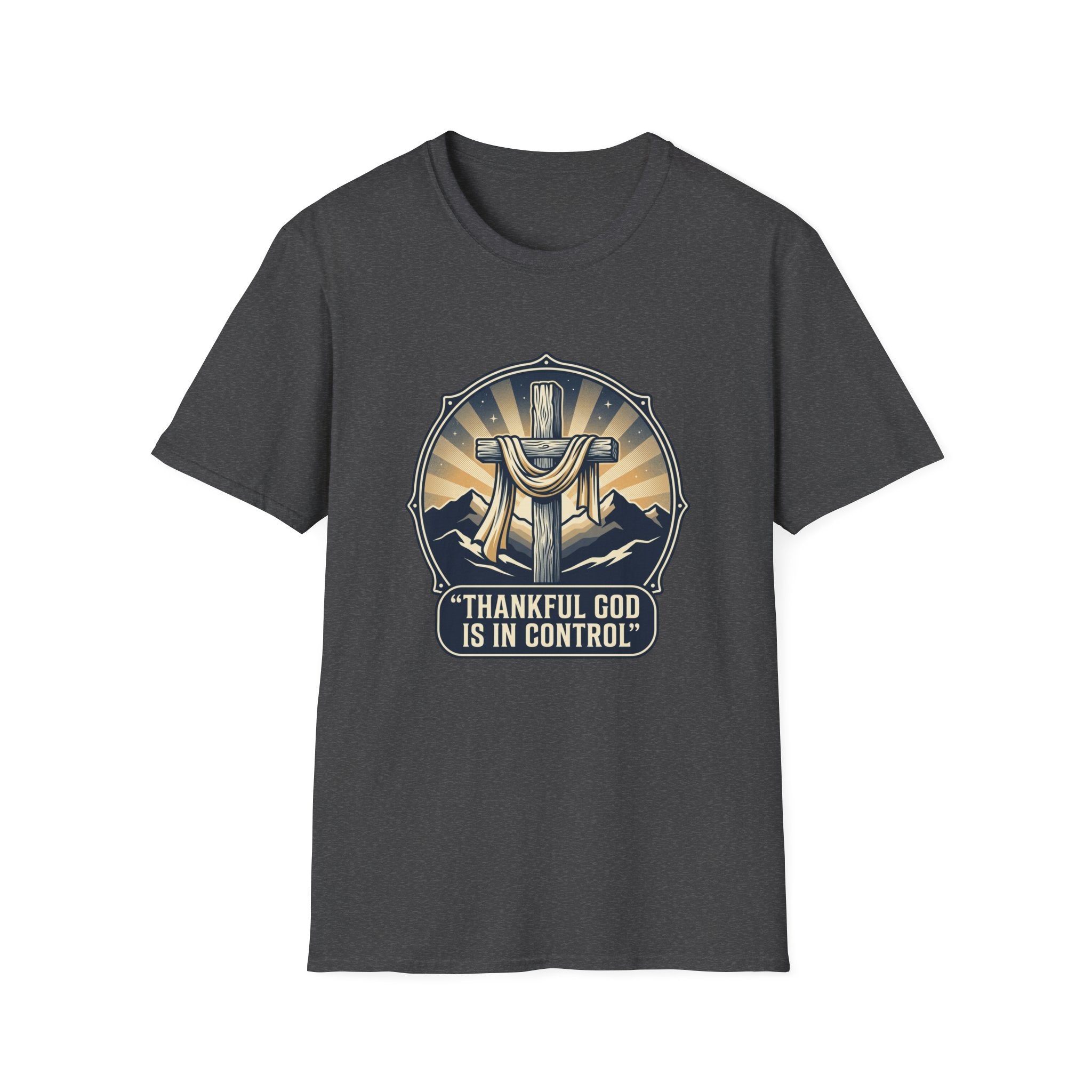 Christian T-Shirt — "Thankful God Is In Control" Cross Design