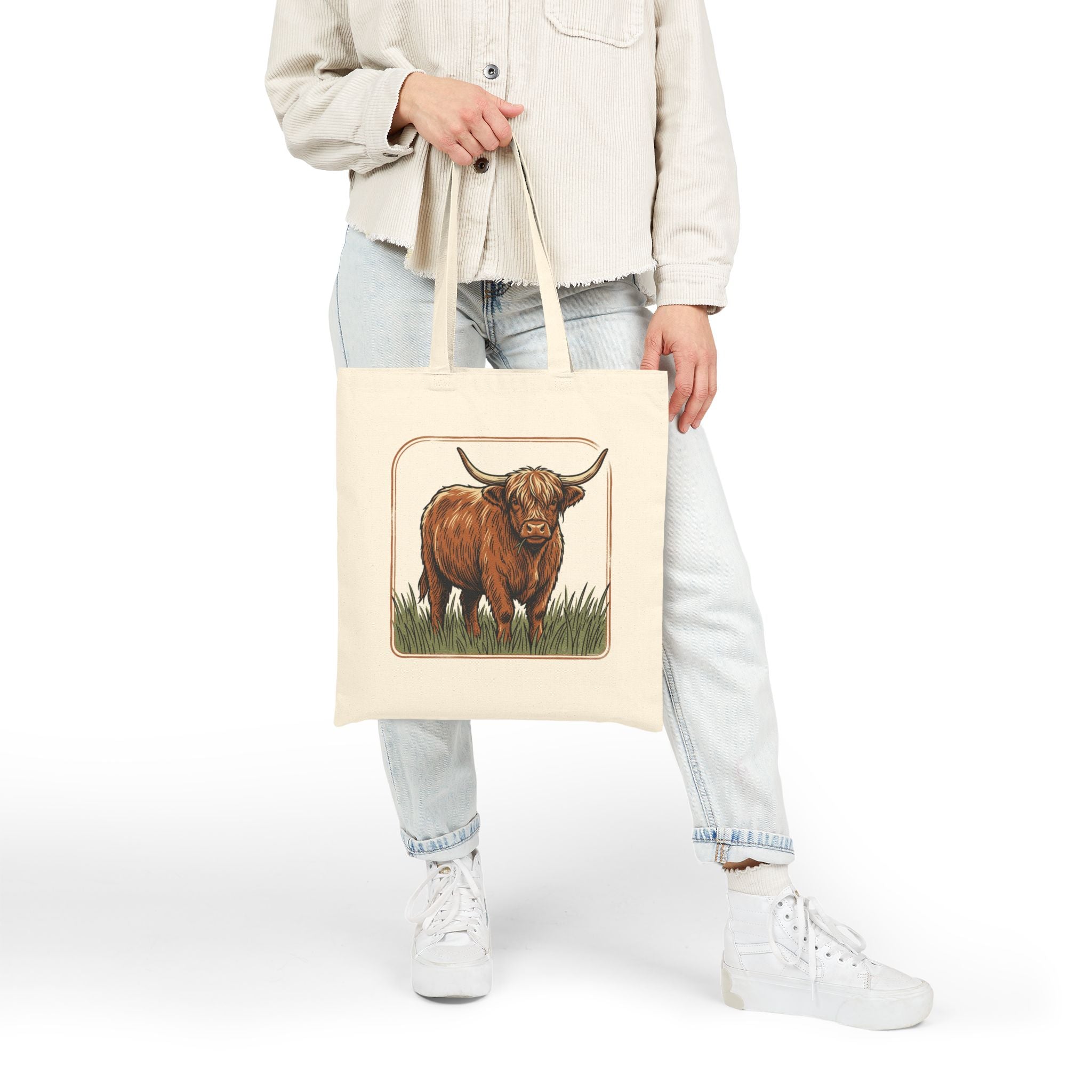 Highland Cow Canvas Tote Bag — Rustic Farm Animal Market Tote