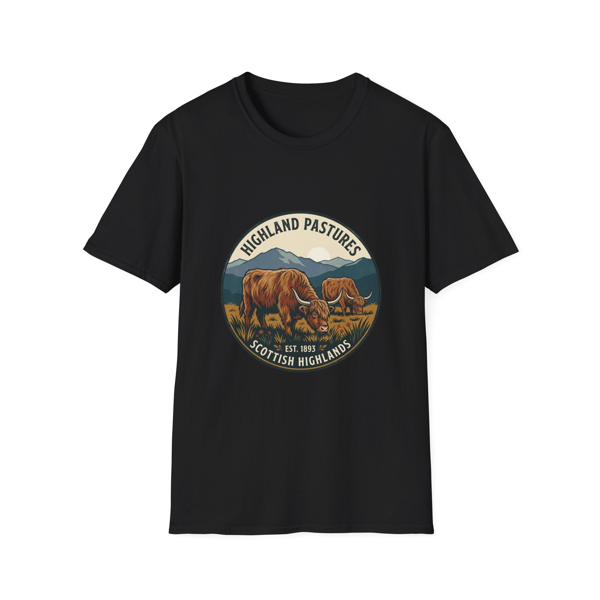 Highland Pastures T-Shirt — Scottish Highlands Highland Cow Vintage Badge