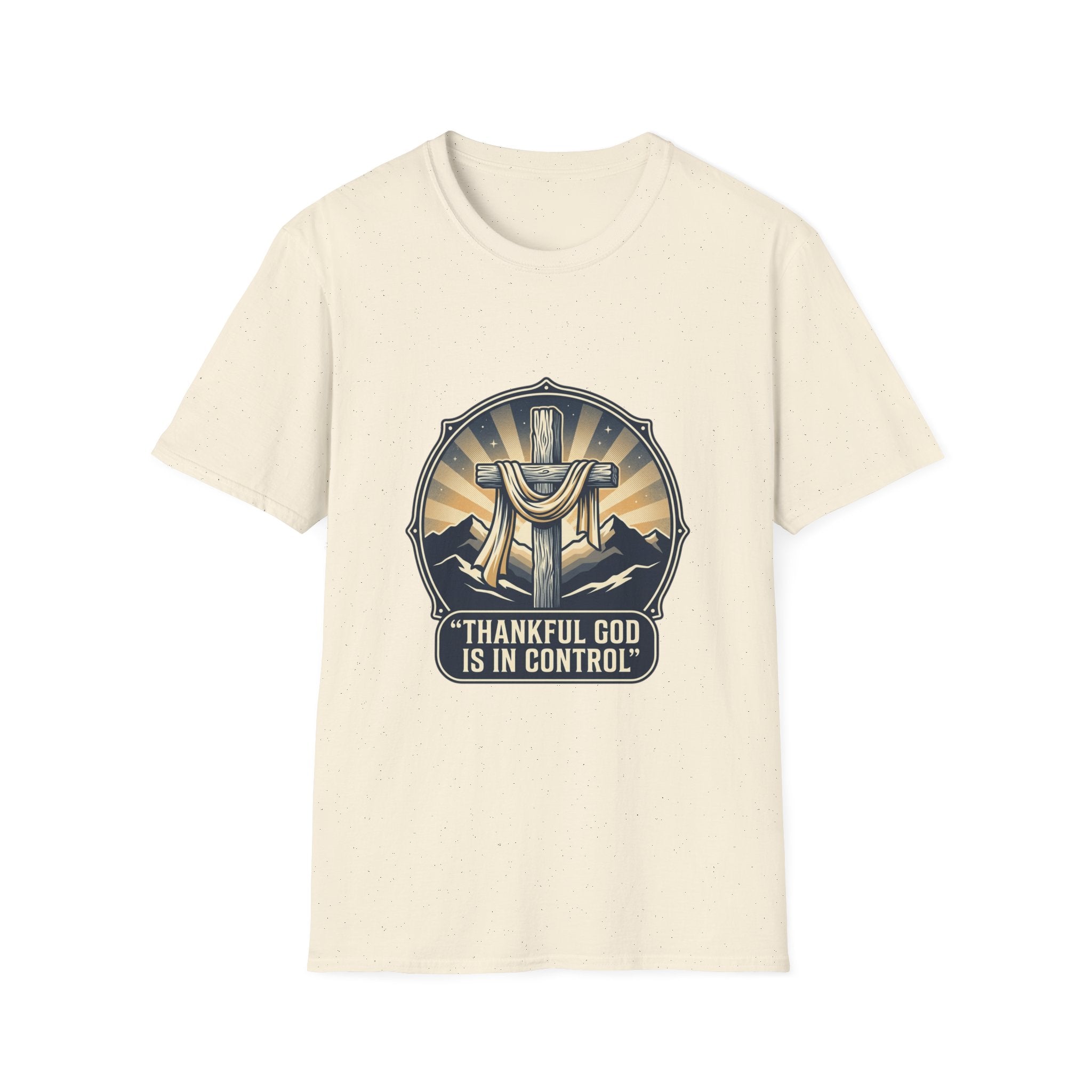 Christian T-Shirt — "Thankful God Is In Control" Cross Design